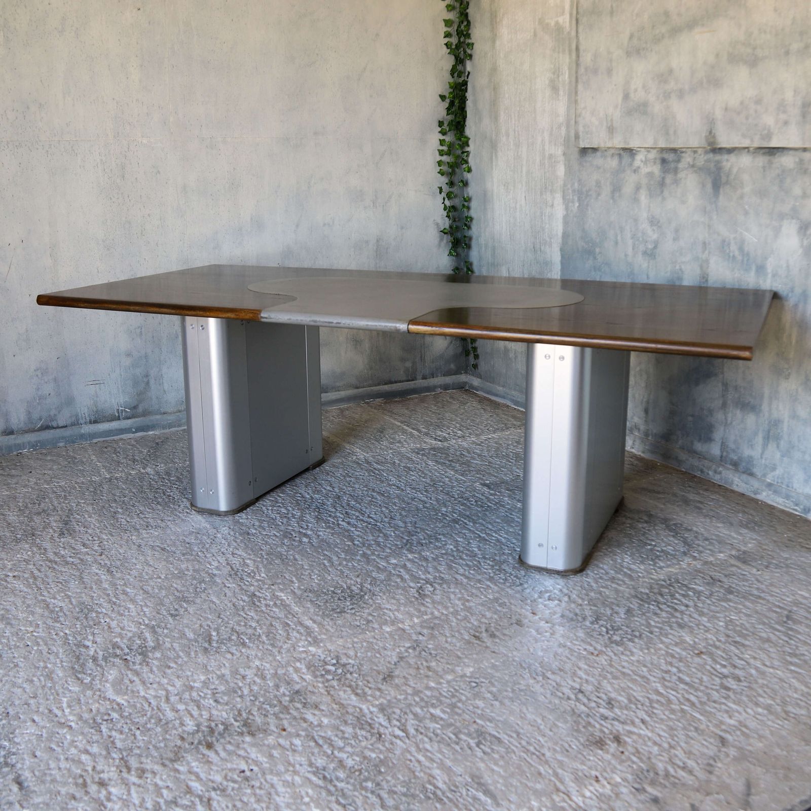 Large Industrial Desk   Aged Oak Top, Grey Leather & Aviation Style Pedestals C.1970s 80s photo 1725.0