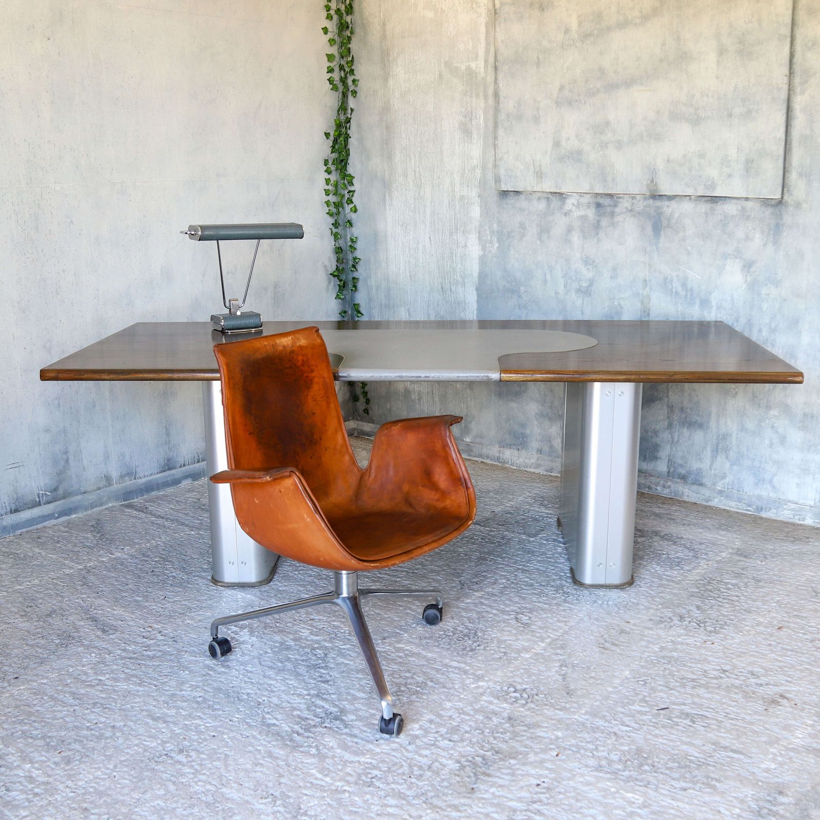 Furniture Large Industrial Desk   Aged Oak Top, Grey Leather & Aviation Style Pedestals C.1970s 80s photo