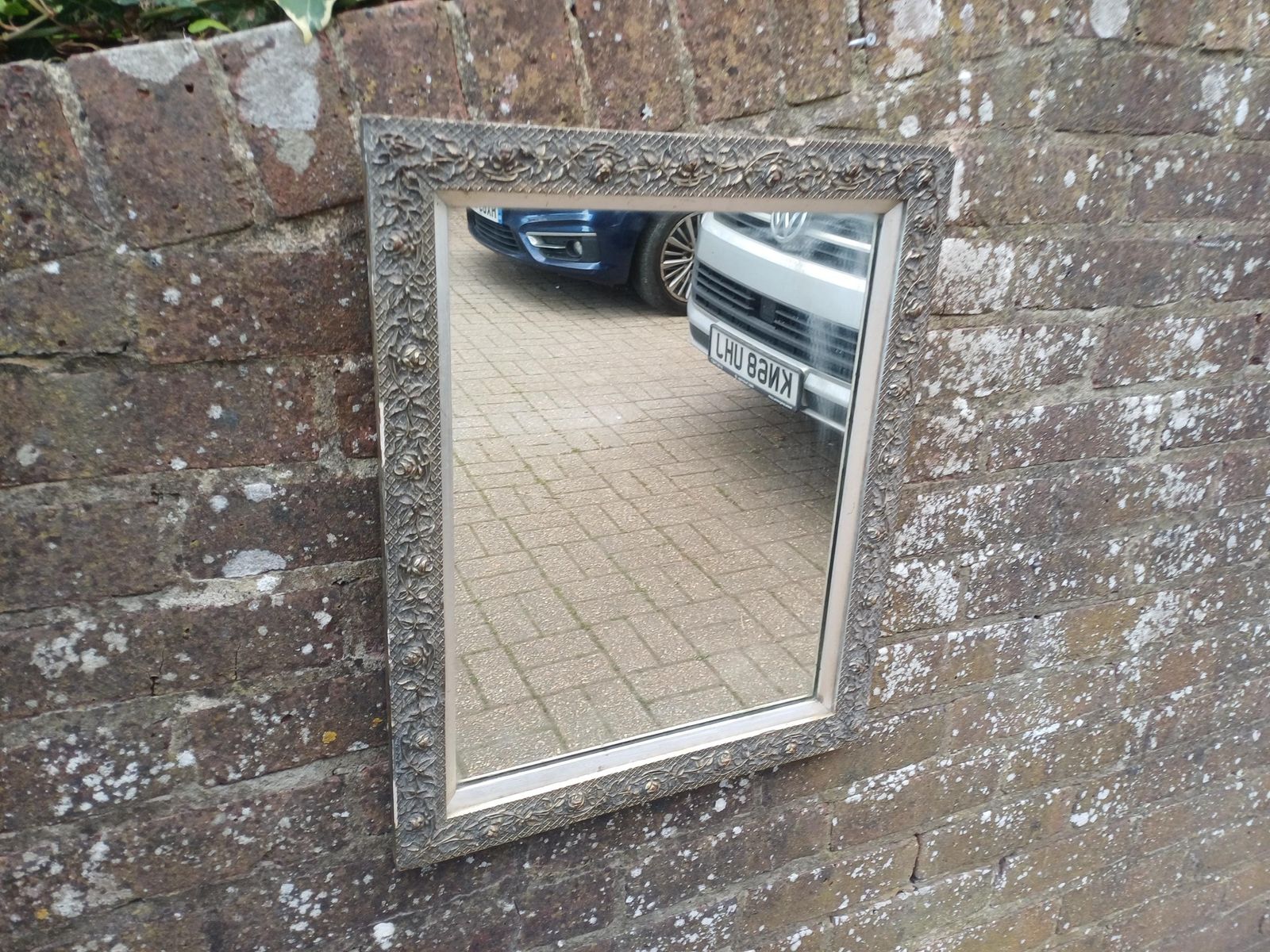 Early 20th Century Floral Gesso Wall Mirror, Antique Victorian Style, Ornate Wooden Frame, Original Glass, Silver Inner Trim photo buy