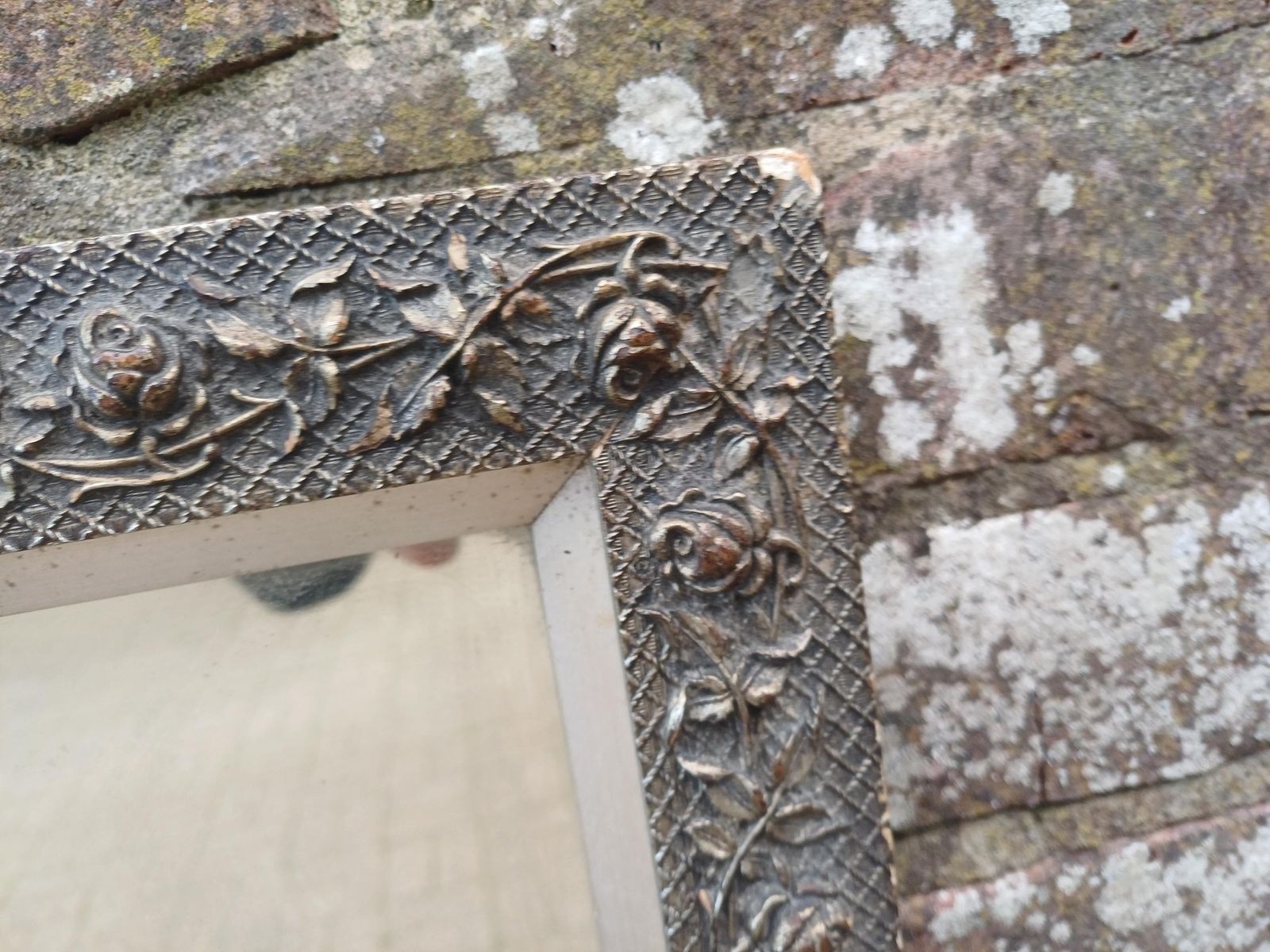 Early 20th Century Floral Gesso Wall Mirror, Antique Victorian Style, Ornate Wooden Frame, Original Glass, Silver Inner Trim photo vintage