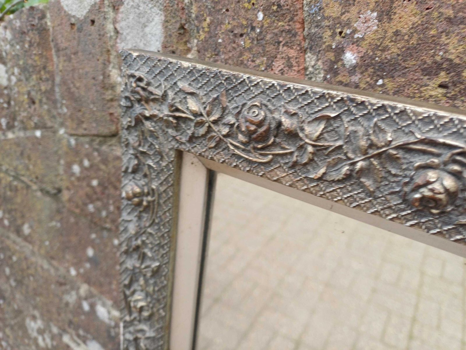 photo for sale Early 20th Century Floral Gesso Wall Mirror, Antique Victorian Style, Ornate Wooden Frame, Original Glass, Silver Inner Trim