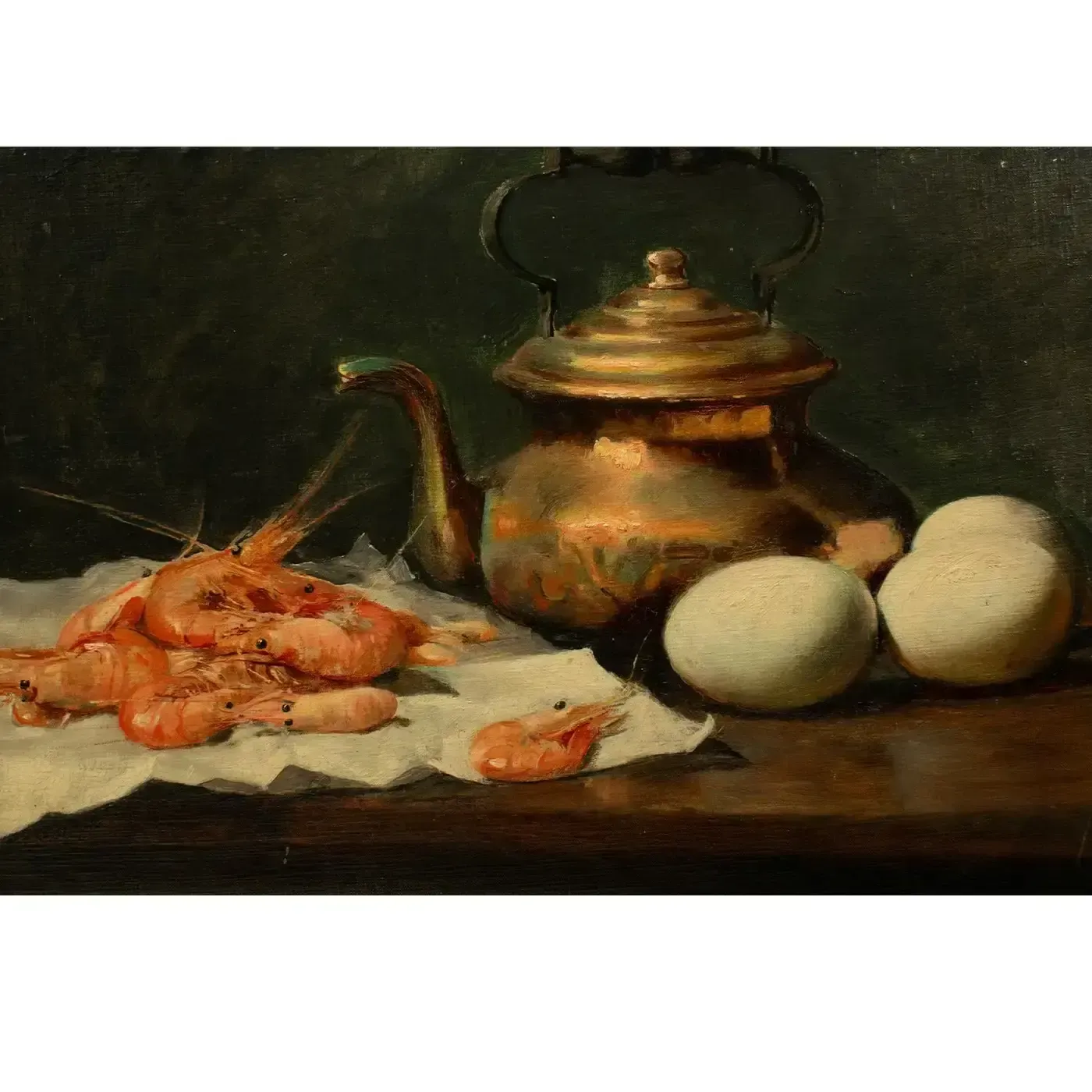 « Composition with Shrimps & Eggs » - L. Dupuis, huile sur panneau, XIXe siècle photo Art