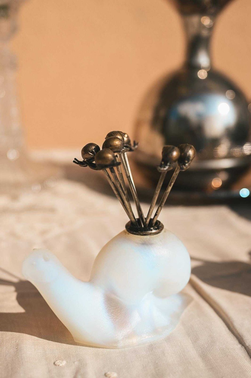 Art Deco Opalescent Glass Snail Cocktail Pick Holder | 7 Snail Picks | Sabino Style | French 1920s 30s photo furniture