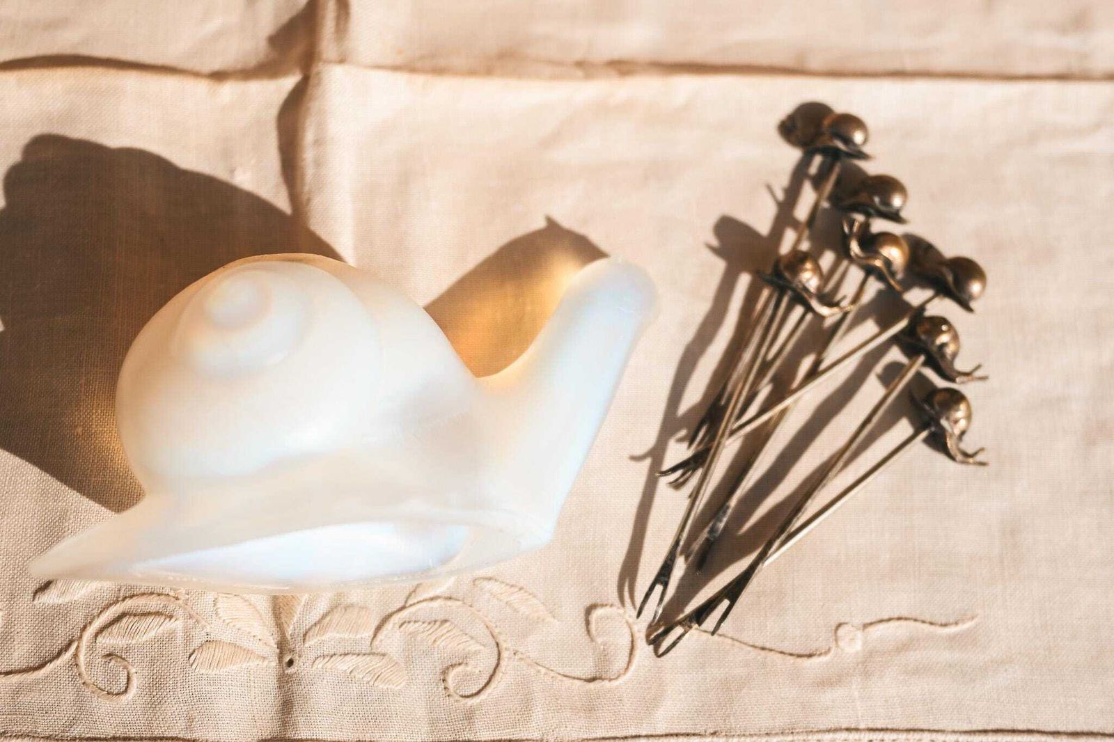 Art Deco Opalescent Glass Snail Cocktail Pick Holder | 7 Snail Picks | Sabino Style | French 1920s 30s photo buy
