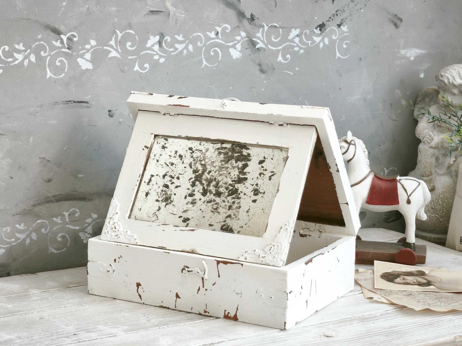 Antique Mirrored White Wooden Box photo furniture