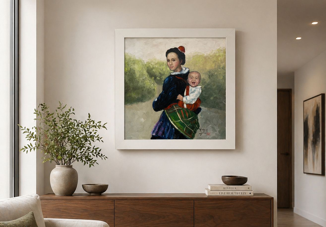 Large Signed Original Contemporary Asian Oil Portrait Painting (1 Of 2) photo furniture