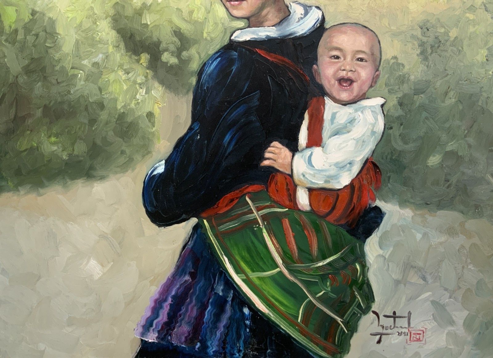 Large Signed Original Contemporary Asian Oil Portrait Painting (1 Of 2) photo vinterior