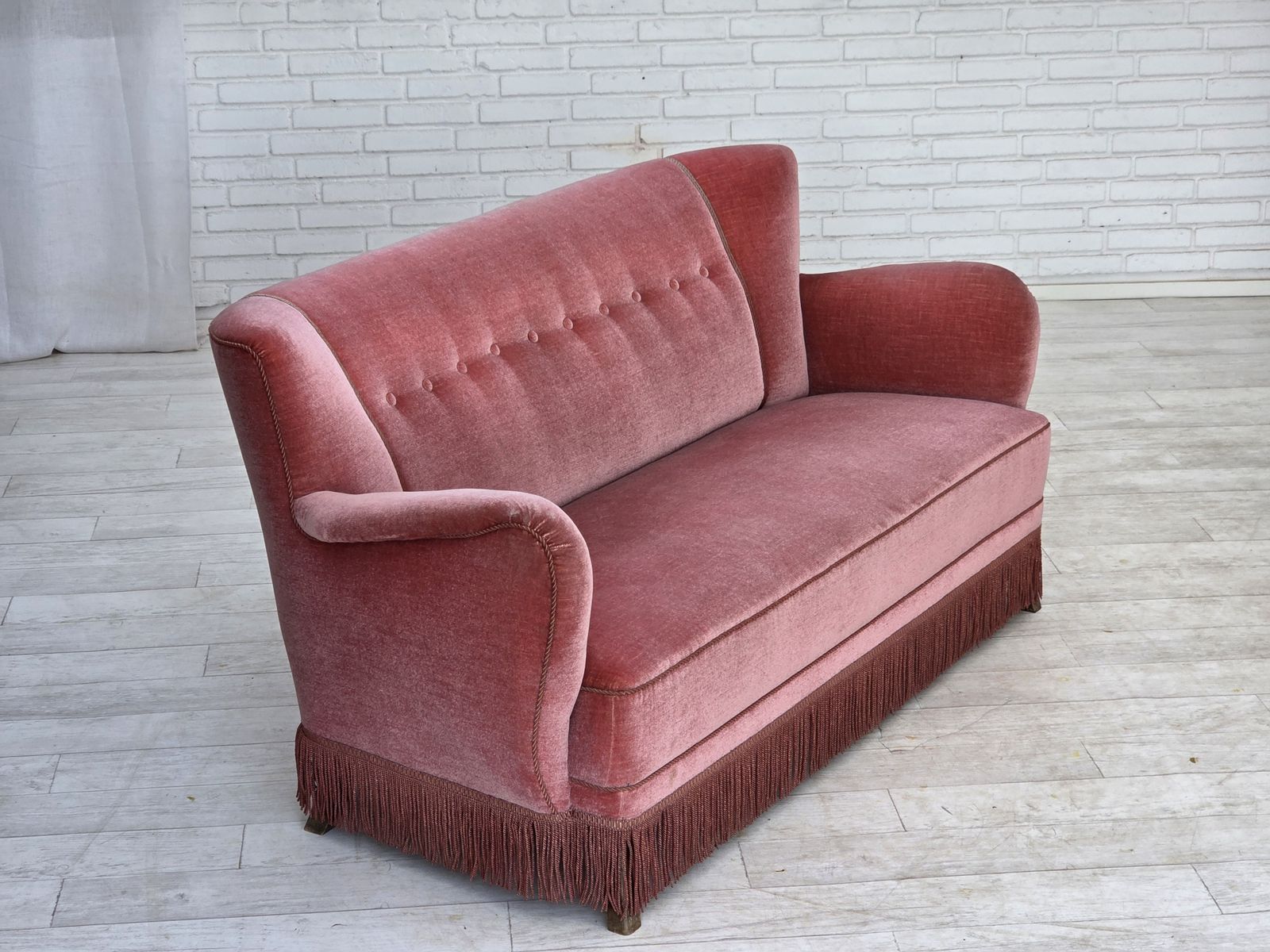 1970s, Danish 2 Seater Sofa, Salmon Pink Furniture Velour, Oak Wood. photo Furniture