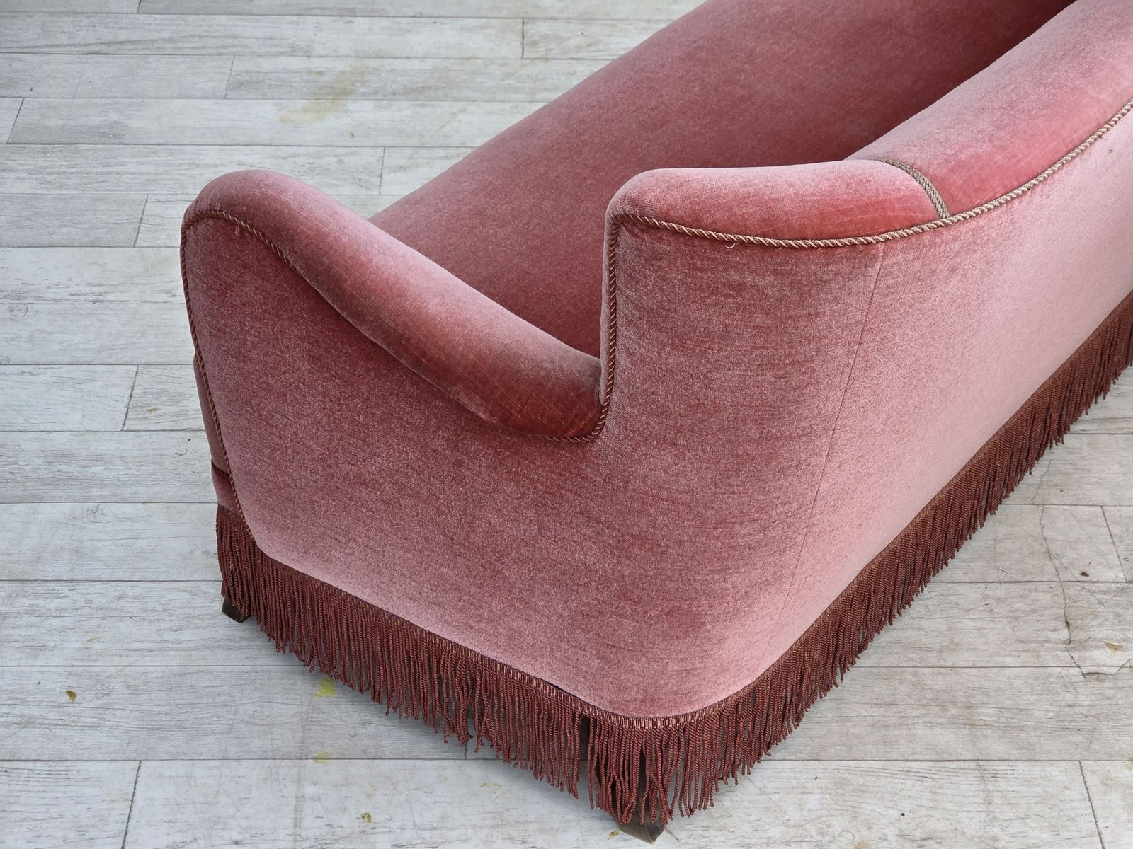 photo buy 1970s, Danish 2 Seater Sofa, Salmon Pink Furniture Velour, Oak Wood.