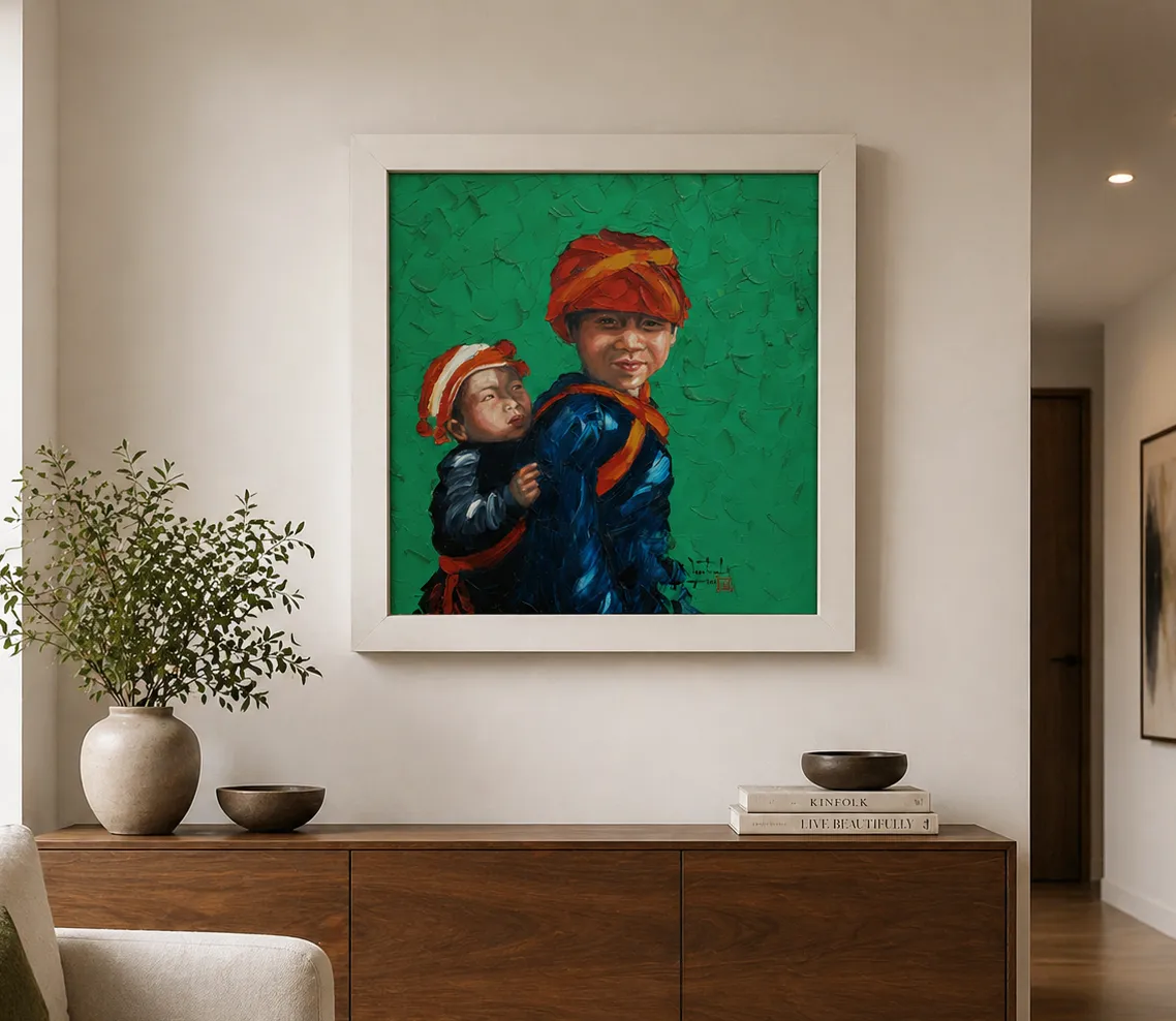 Large Signed Original Contemporary Asian Impasto Oil Portrait Painting (2 Of 2) photo furniture