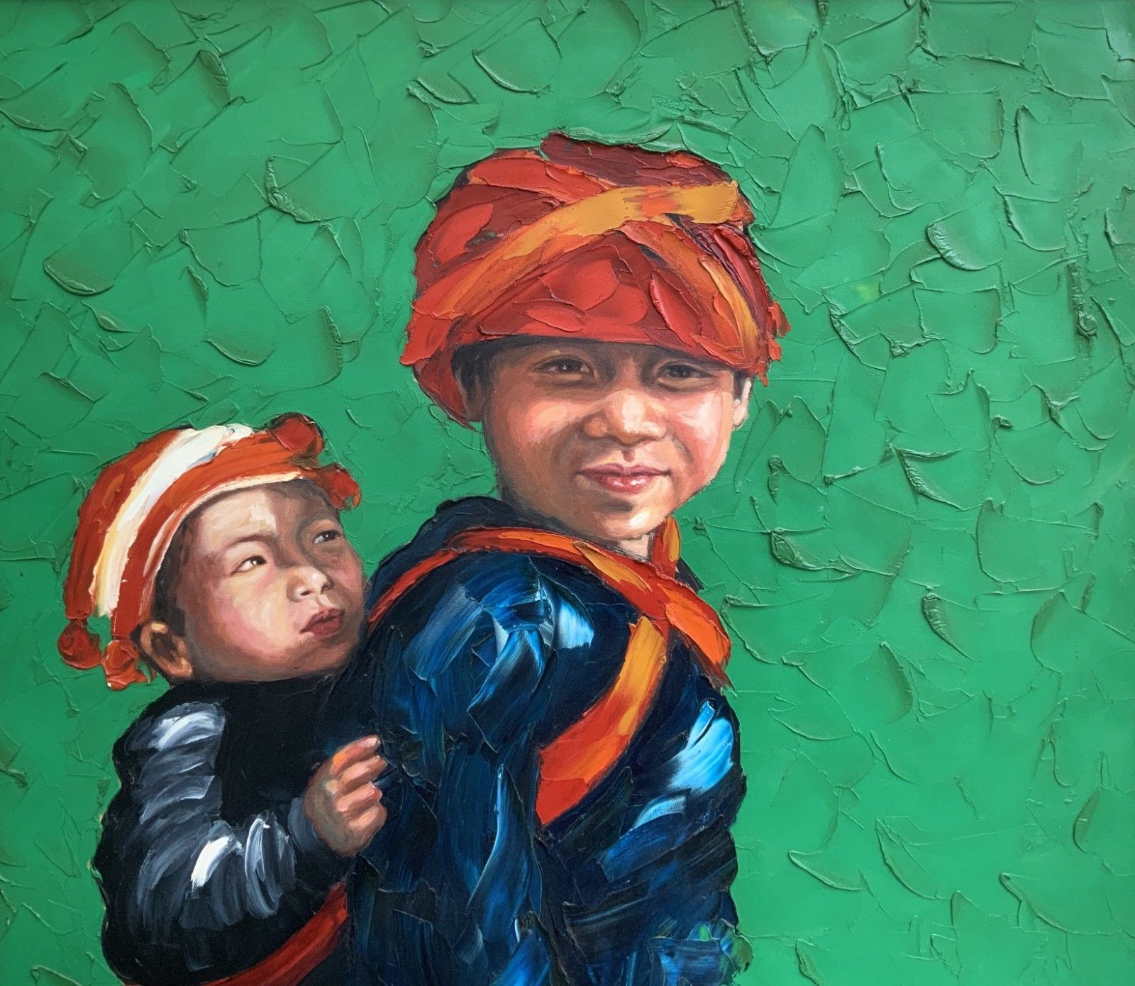 Large Signed Original Contemporary Asian Impasto Oil Portrait Painting (2 Of 2) photo Art