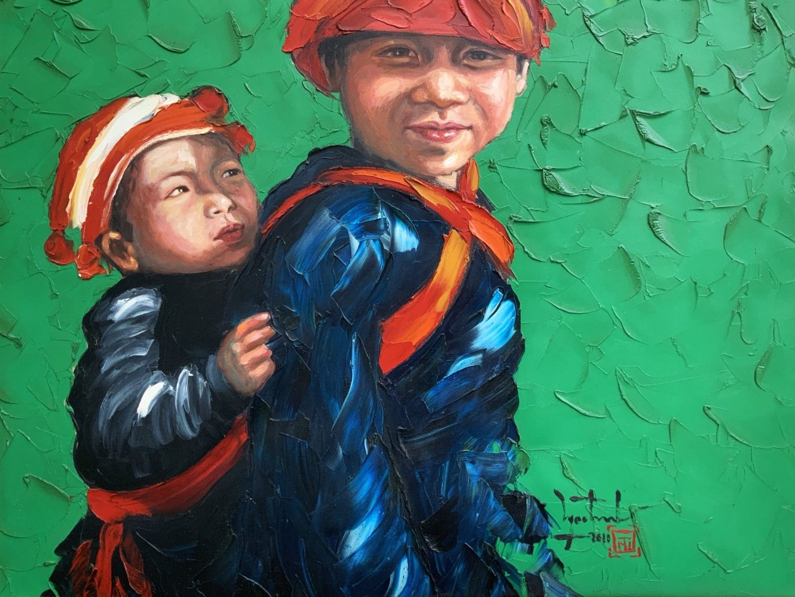 Large Signed Original Contemporary Asian Impasto Oil Portrait Painting (2 Of 2) photo vinterior