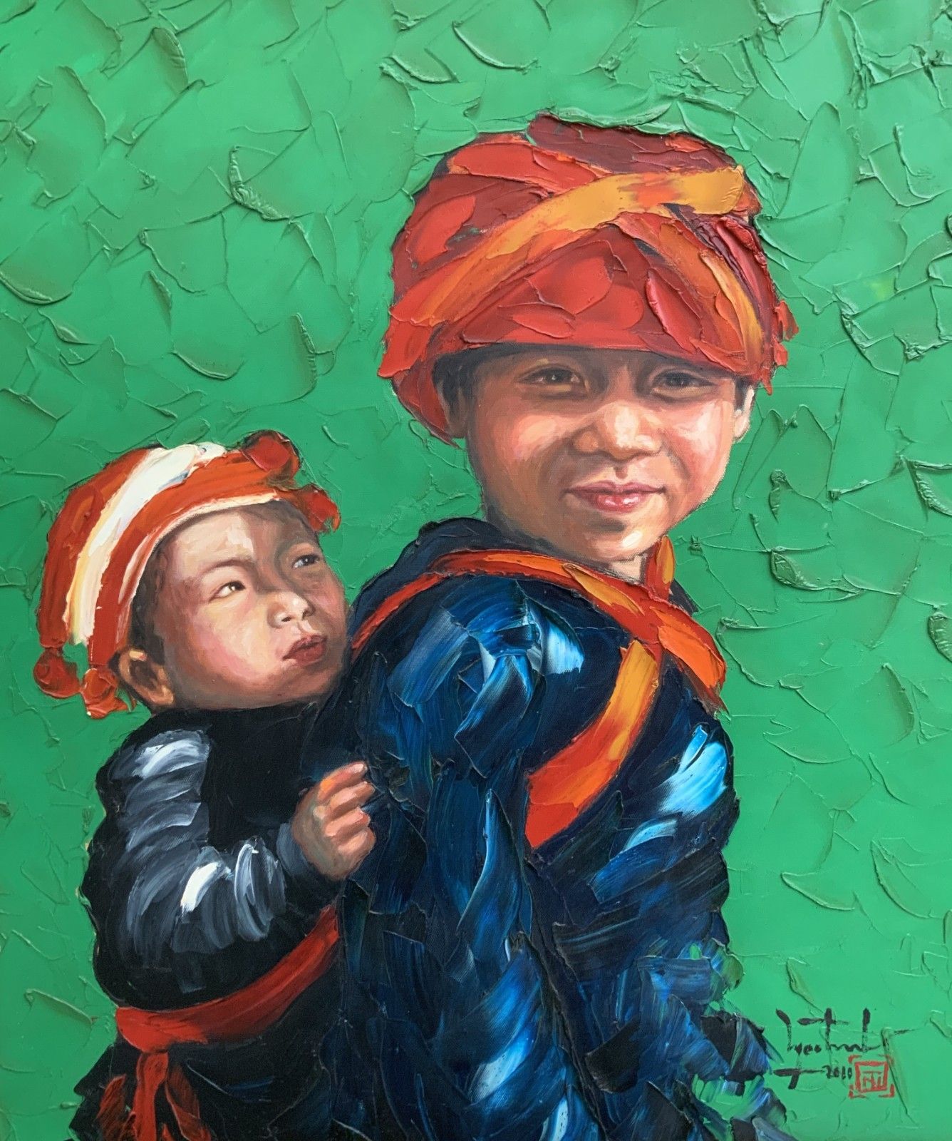 Large Signed Original Contemporary Asian Impasto Oil Portrait Painting (2 Of 2) photo buy