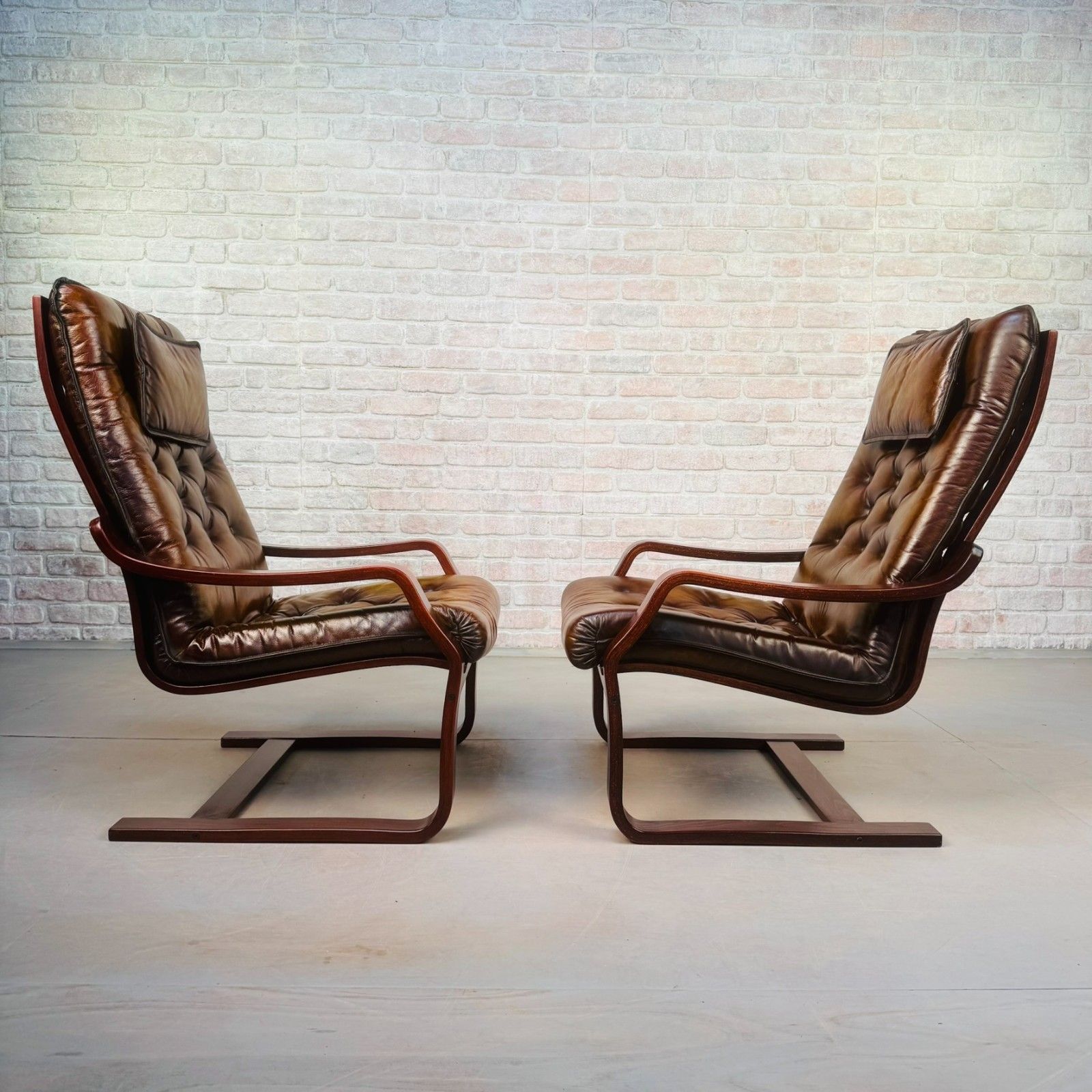 Pair Of Vintage Scandinavian Tan Leather Bentwood Armchairs photo 1485.0