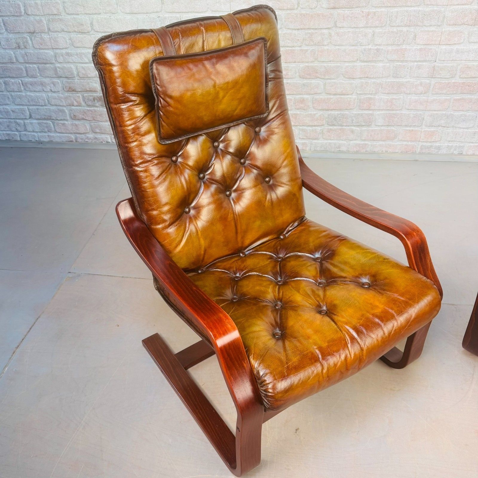 Pair Of Vintage Scandinavian Tan Leather Bentwood Armchairs photo vintage