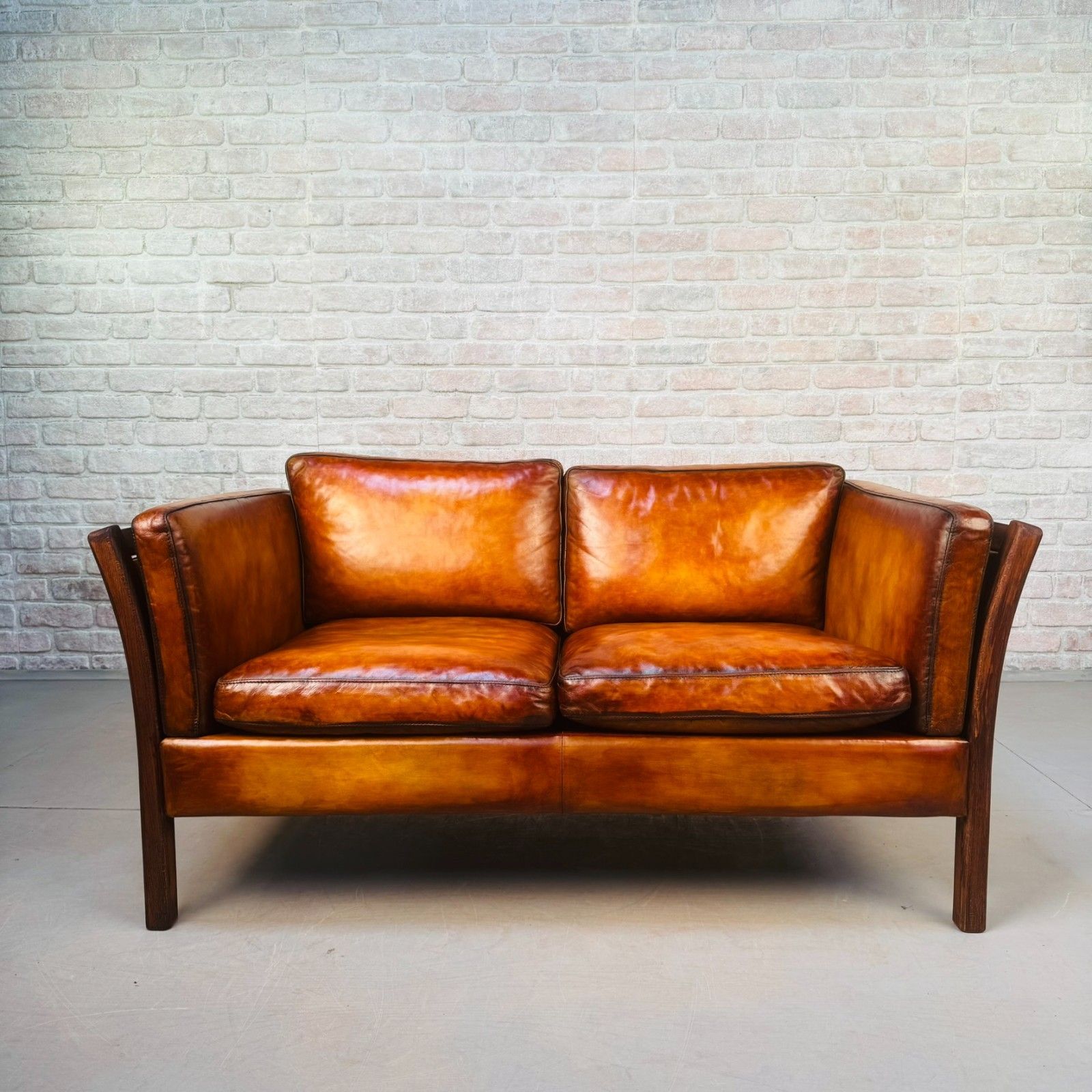 Vintage Danish Stouby Tan Leather Two Seater Sofa