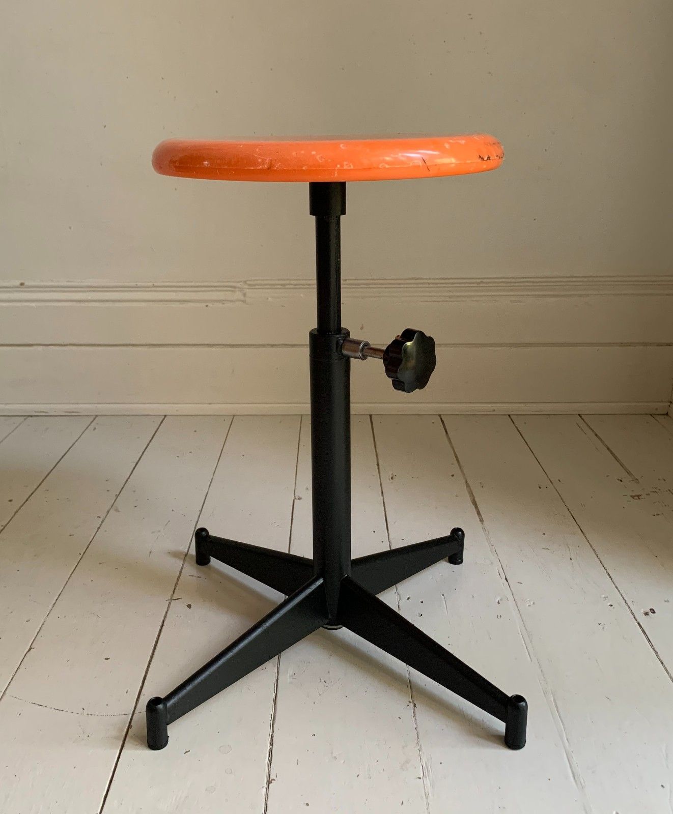 Vintage French Industrial Adjustable Height Stool, Orange Plastic, Black Metal photo 82.0