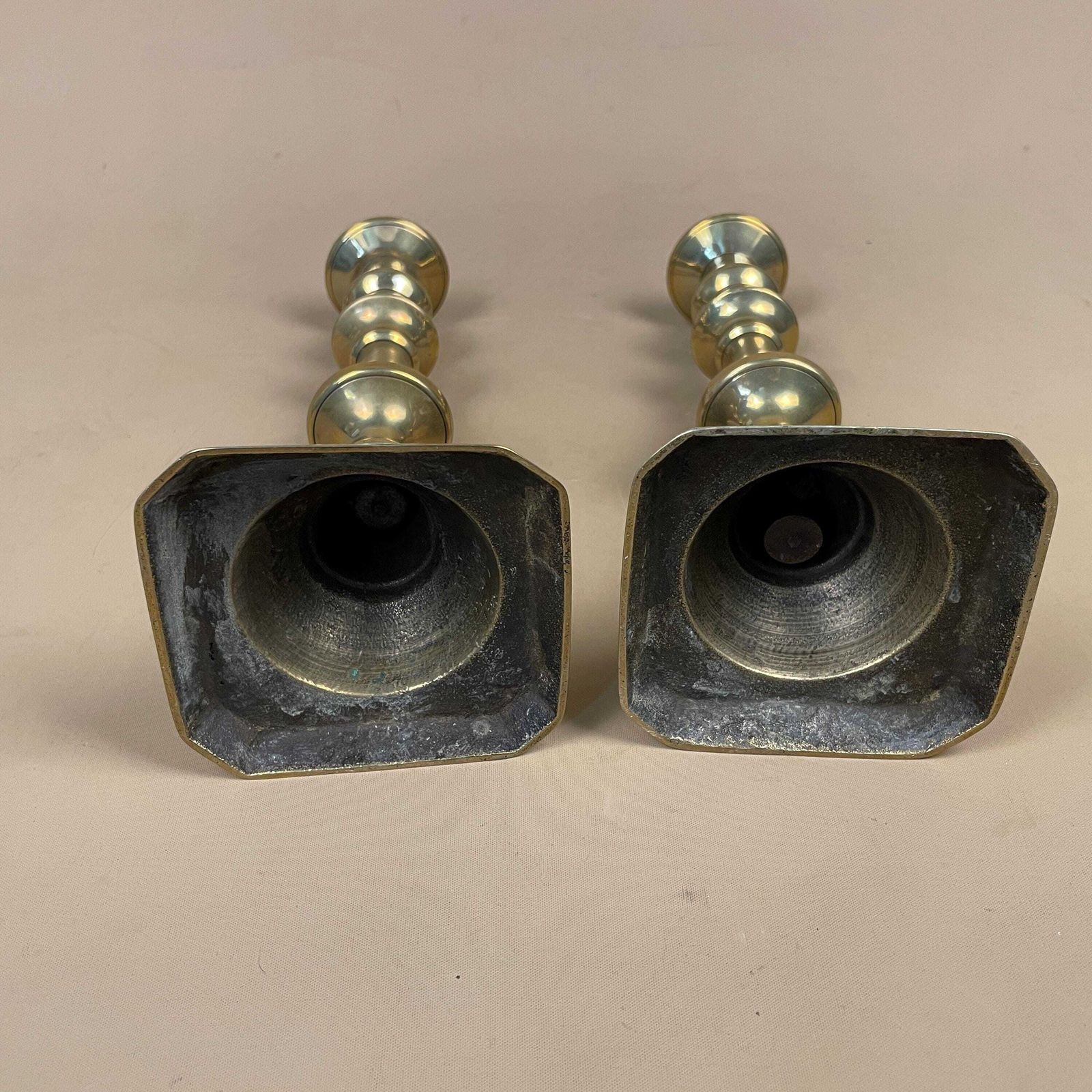 photo for sale Antique Matching Pair Of Gold Brass Metal Candlestick Candle Stick Holders Vintage Column Taper Dinner Candlesticks Base Pillar Holder