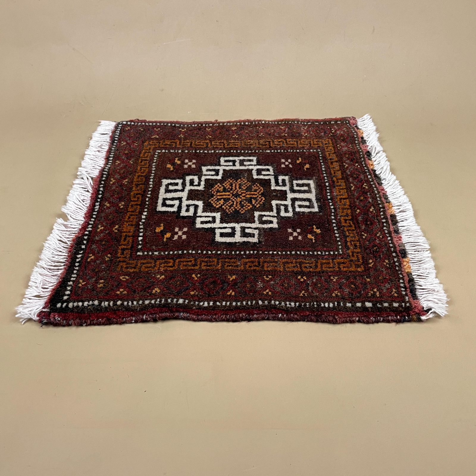 Antique Woven Rug Carpet Placemat Mat Handmade Rectangle Wool Vintage Textile Patterned Pattern 36x35cm Old Small Tassels Mini Coaster Brown photo furniture