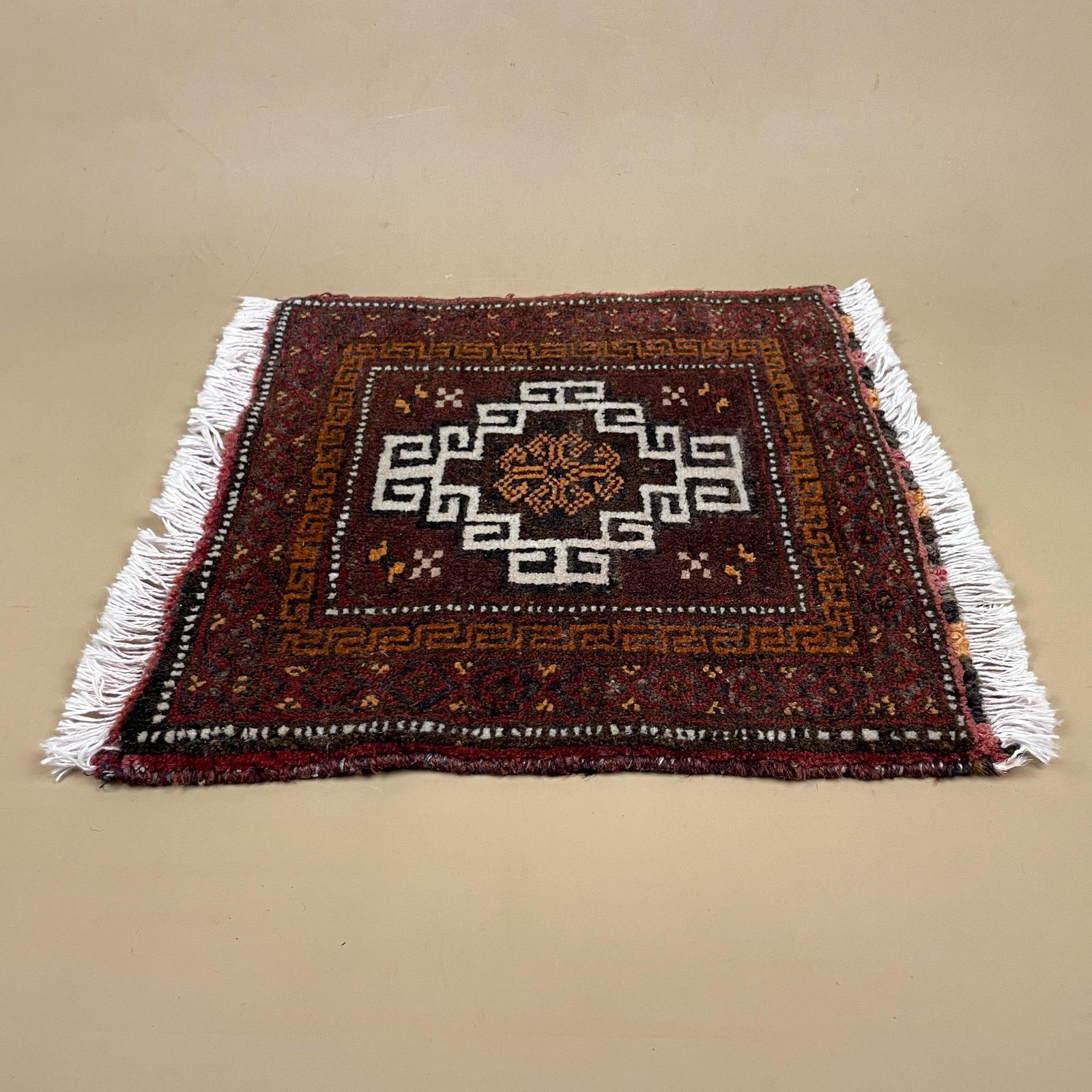 Antique Woven Rug Carpet Placemat Mat Handmade Rectangle Wool Vintage Textile Patterned Pattern 36x35cm Old Small Tassels Mini Coaster Brown photo 50.0