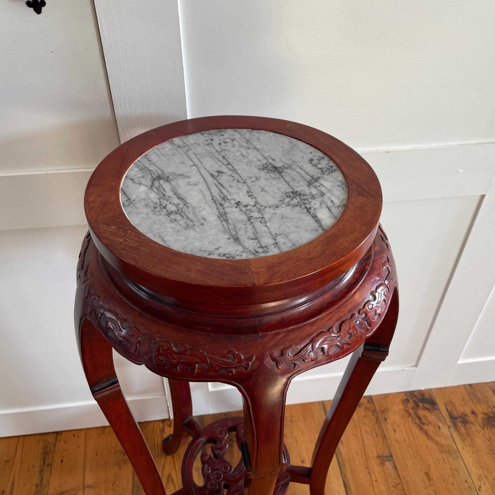 Antique Oriental Plant Stand Table Carved Wooden Marble Top Chinese Sculpture Carved Display Floral Carving Round Accent Lamp Side Pedestal photo for sale