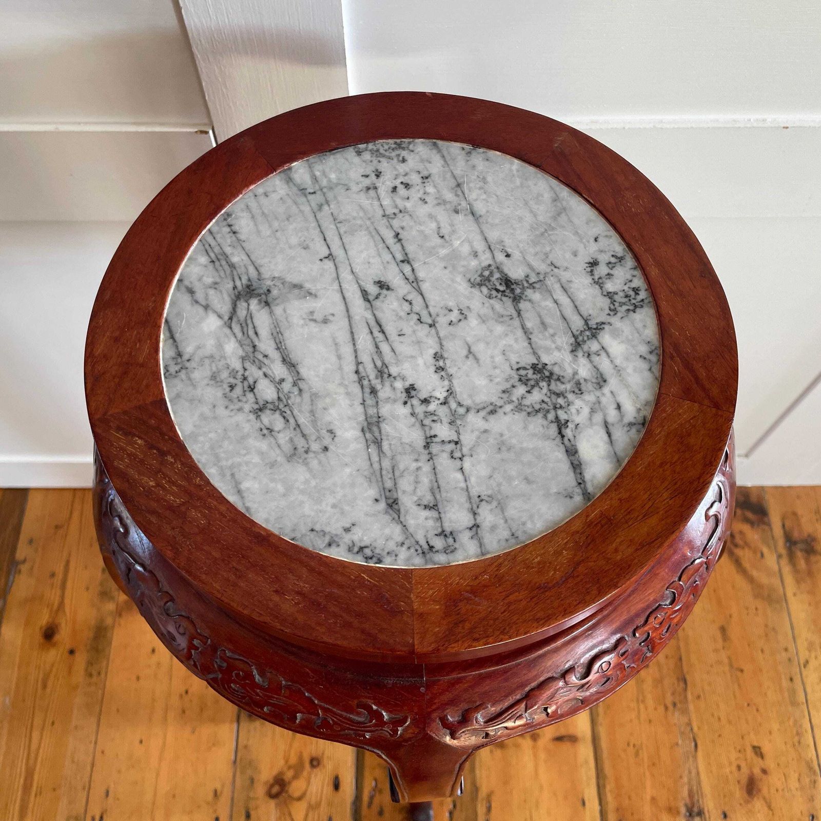 Antique Oriental Plant Stand Table Carved Wooden Marble Top Chinese Sculpture Carved Display Floral Carving Round Accent Lamp Side Pedestal photo buy