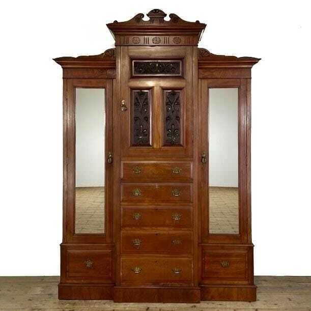 Antique Victorian Walnut Triple Compactum Wardrobe