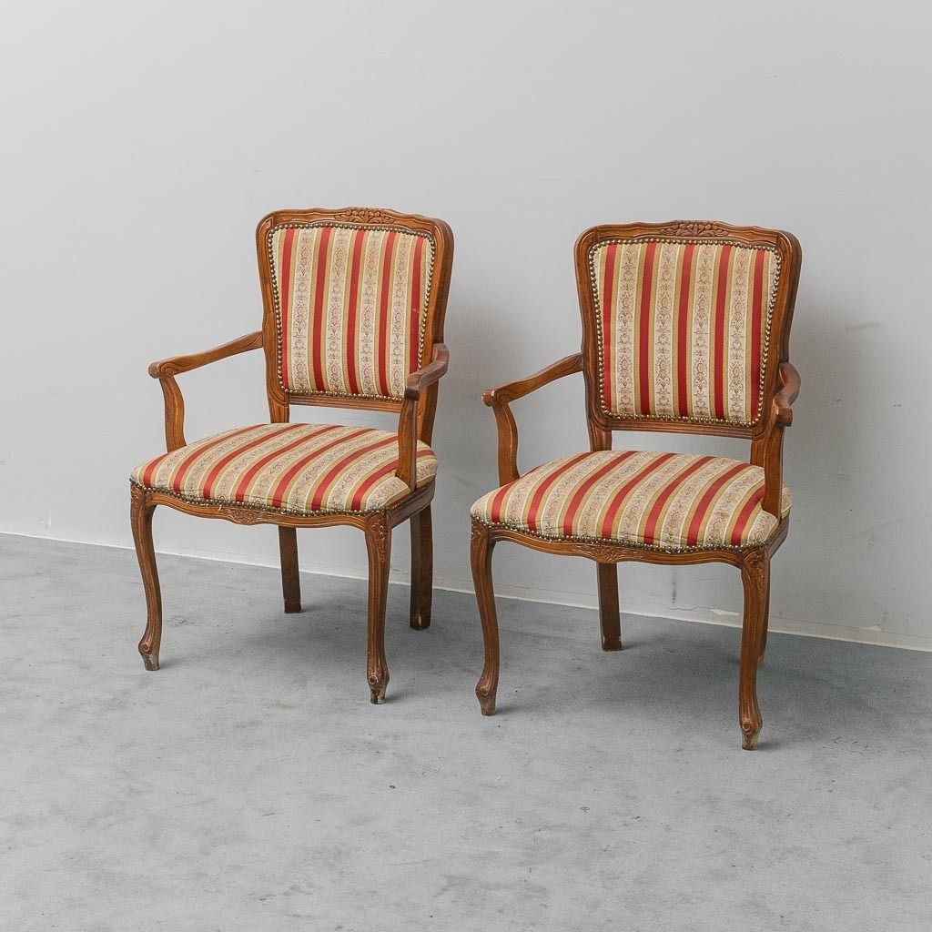 Pair Of Parisian Style Wooden Armchairs With Armrests In Vintage Striped Fabric