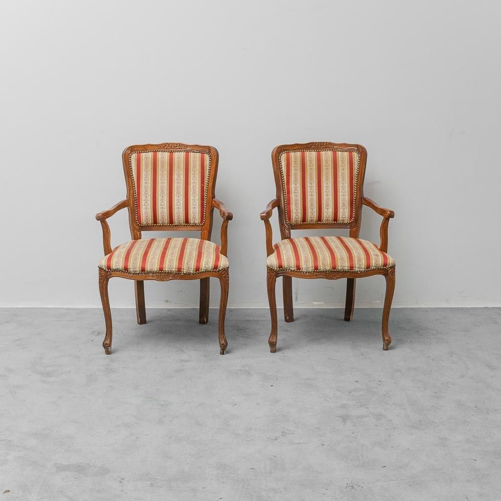 Pair Of Parisian Style Wooden Armchairs With Armrests In Vintage Striped Fabric photo for sale