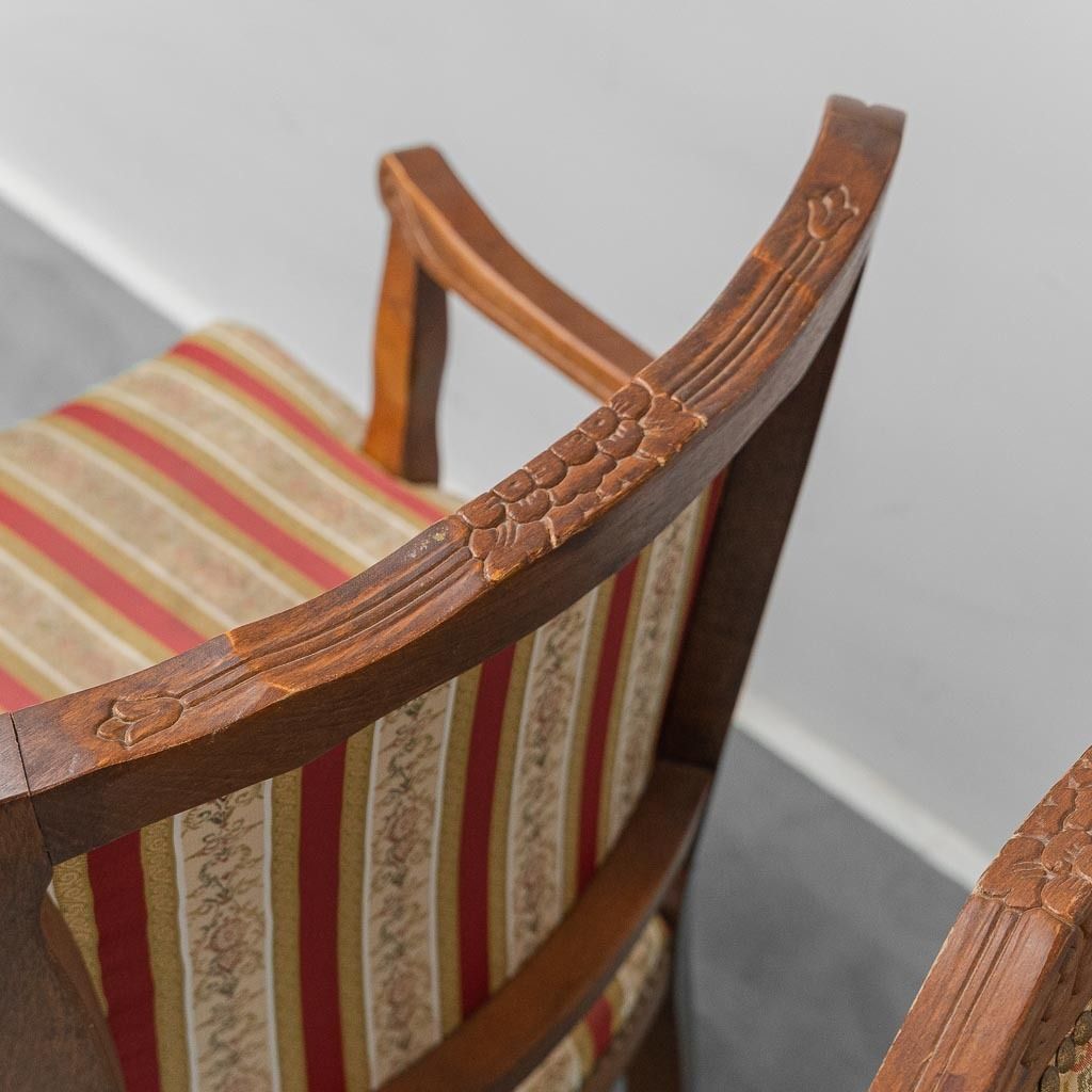Pair Of Parisian Style Wooden Armchairs With Armrests In Vintage Striped Fabric photo buy