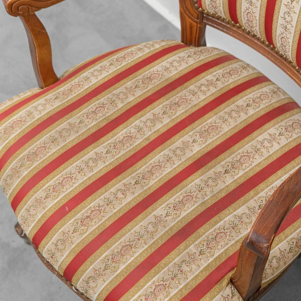 Furniture Pair Of Parisian Style Wooden Armchairs With Armrests In Vintage Striped Fabric photo