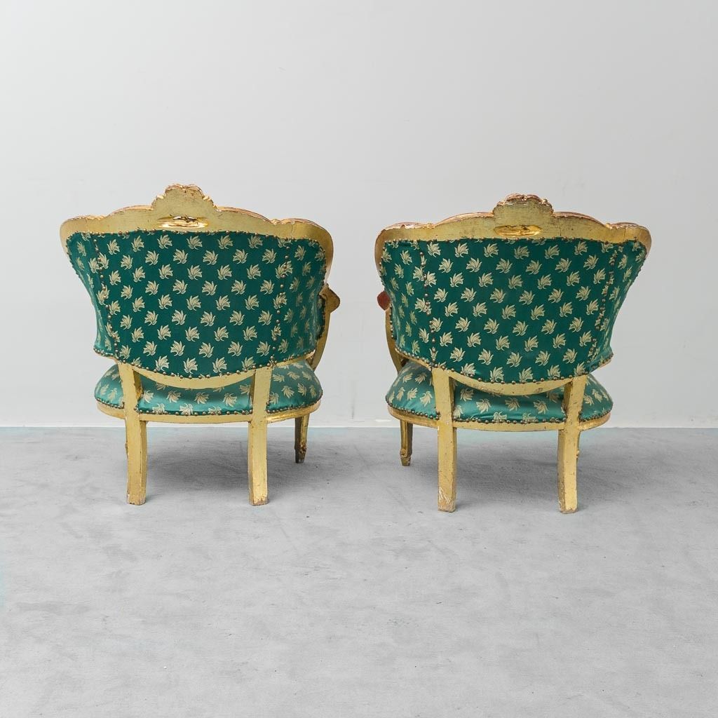 Pair Of Louis XV Style Armchairs In Gold With Vintage Green Fabric photo vinterior