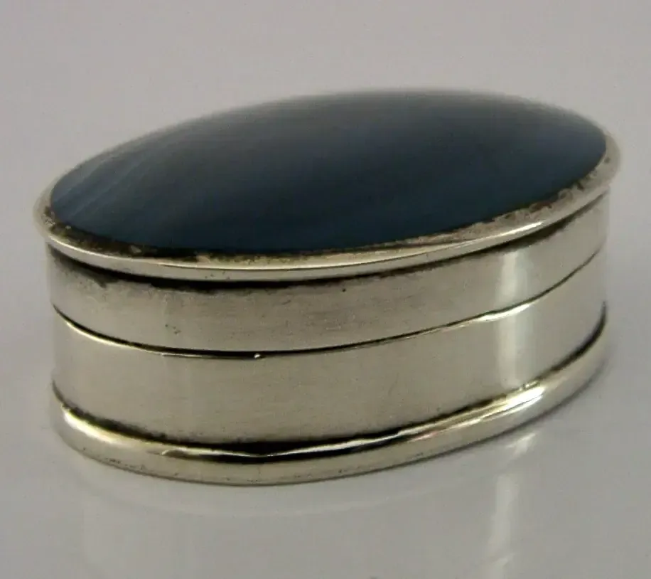 Stunning English Solid Sterling Silver Blue Agate Pill Box 1999 Antique photo for sale