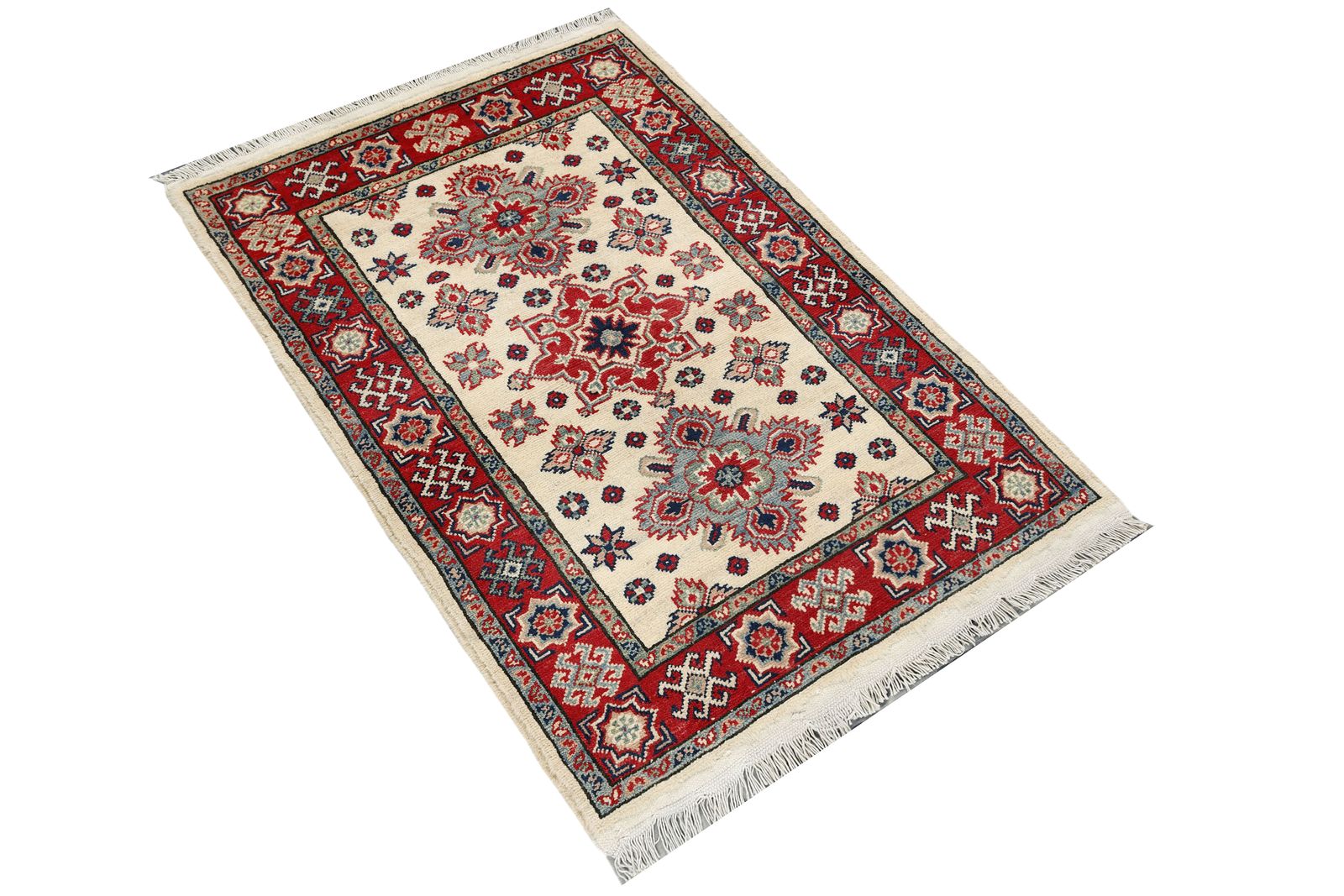 3x4 Super Kazak Ivory And Red Geometric Caucasian Rug photo furniture