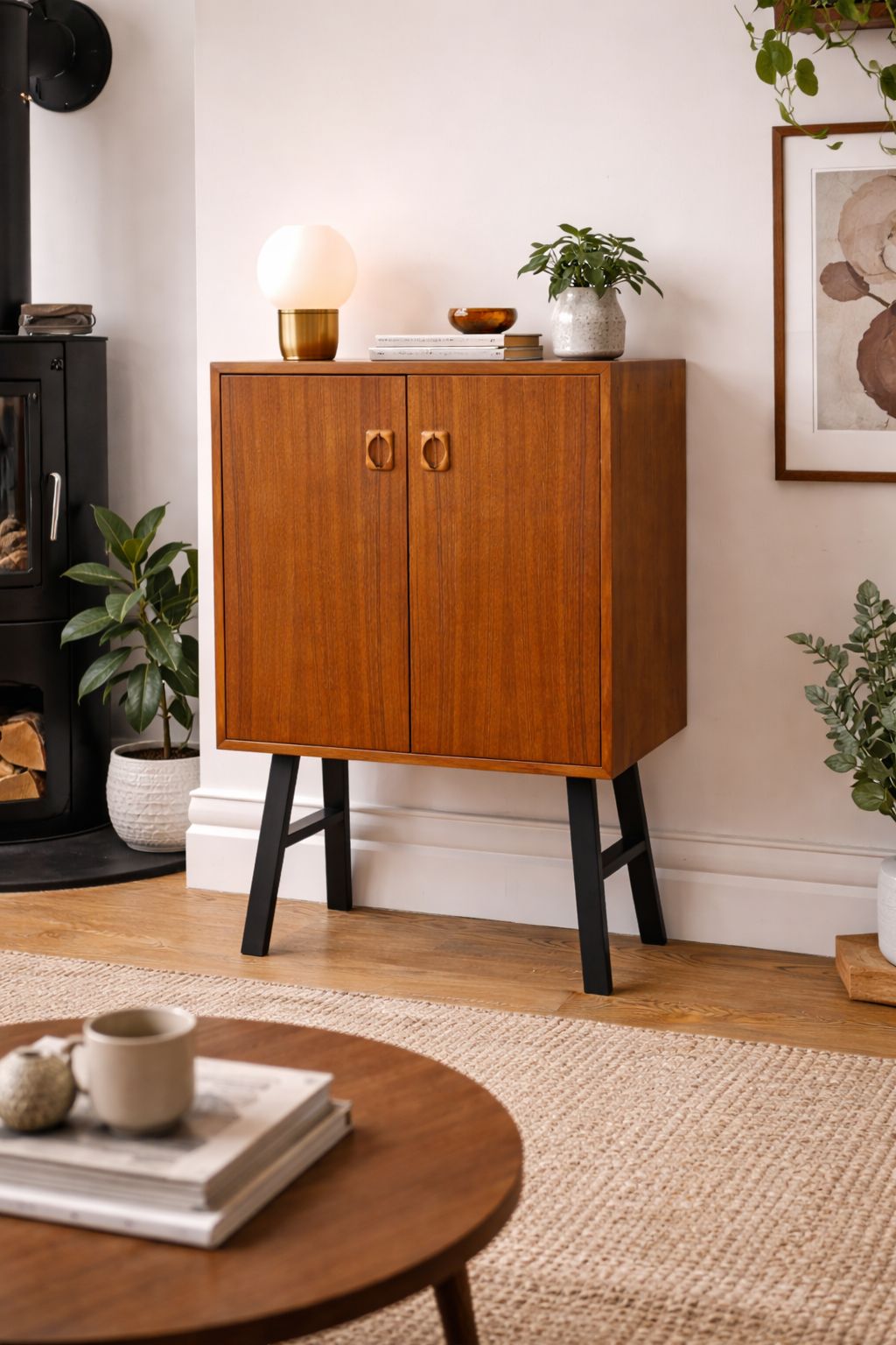 Mid Century Teak Cabinet On Legs | Scandinavian Style Vintage Storage Cupboard photo furniture