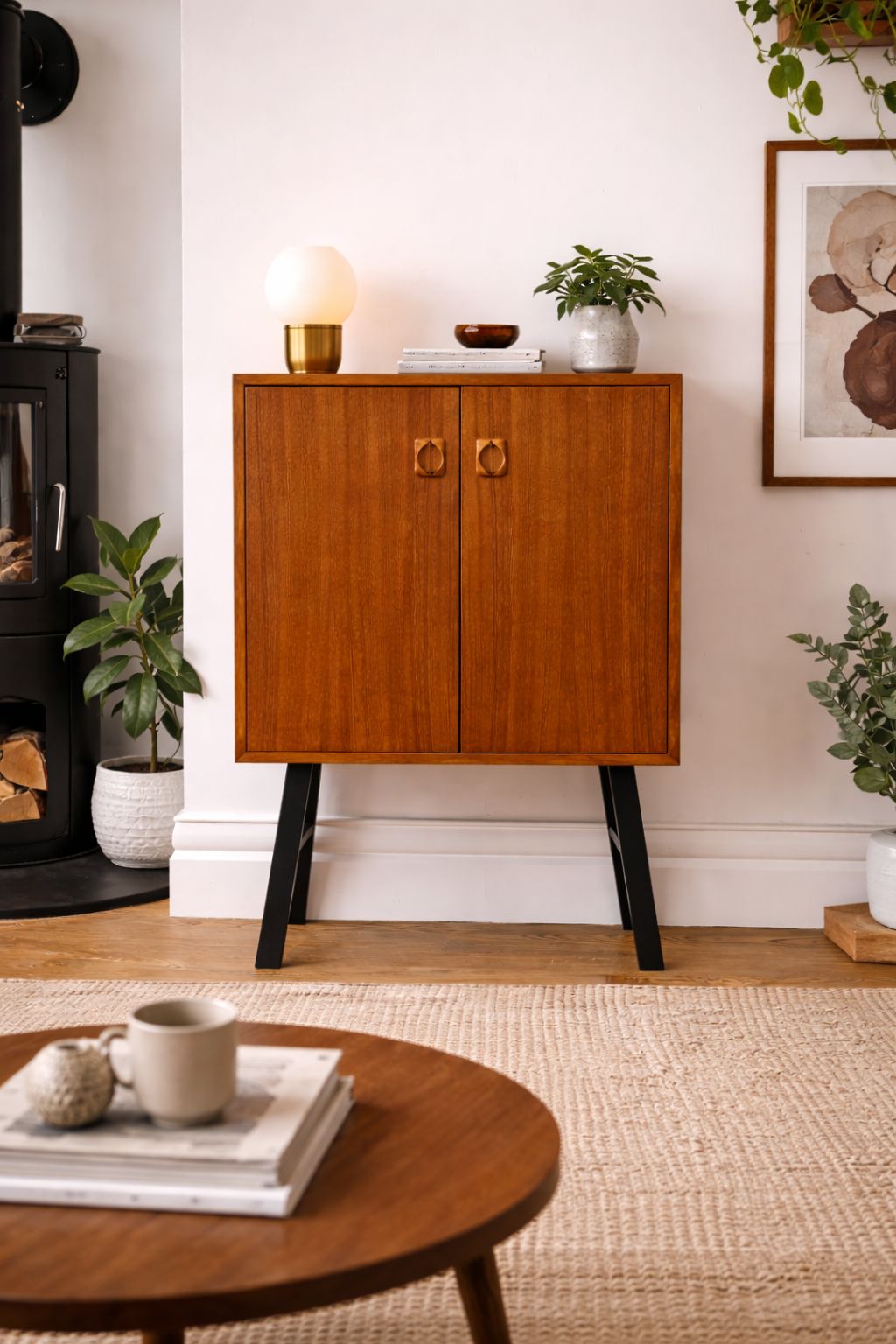 Mid Century Teak Cabinet On Legs | Scandinavian Style Vintage Storage Cupboard photo for sale