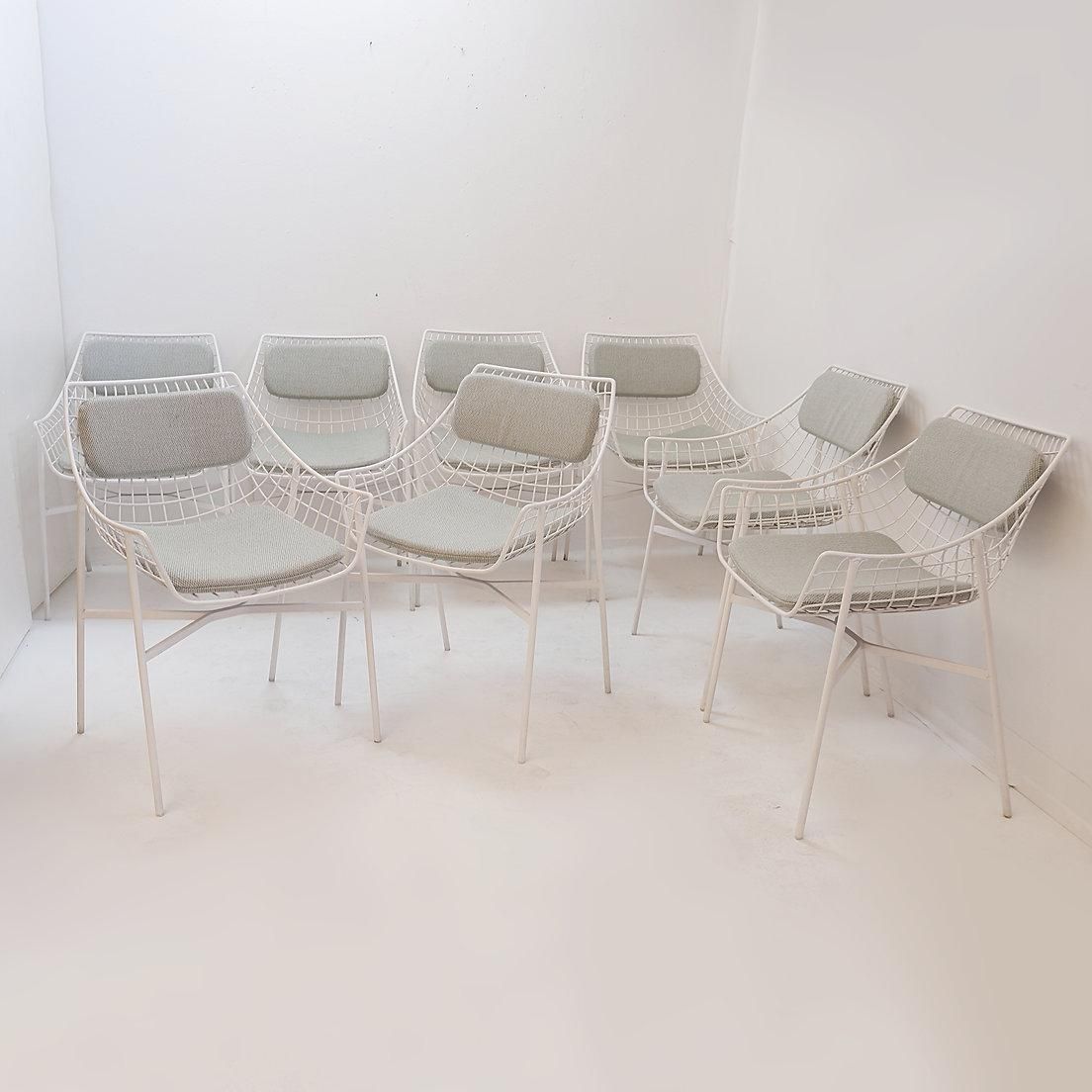 Set Of 8 Modern Armchairs In White Lacquered Steel photo for sale