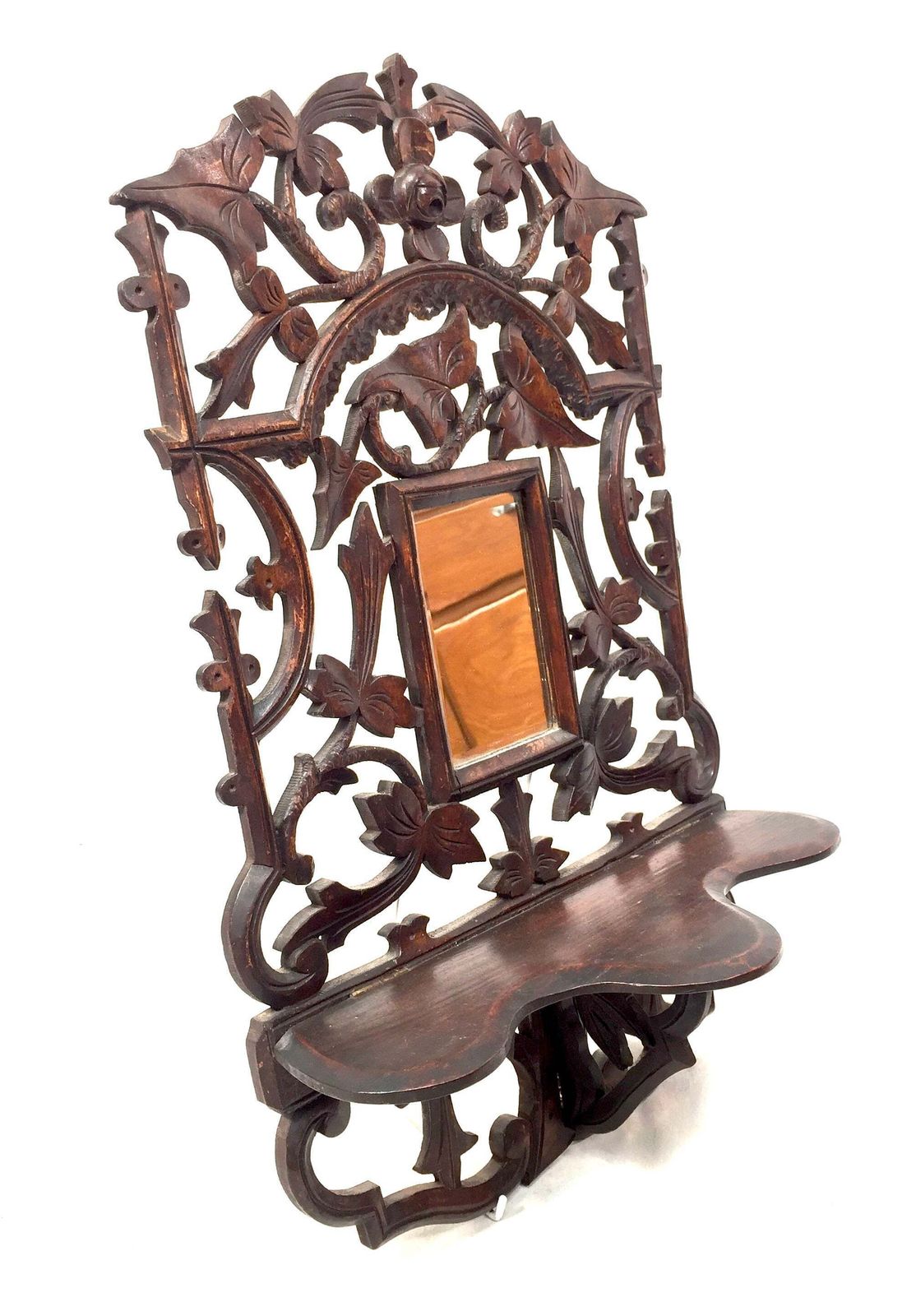Antique Wall Hanging Carved Black Forest Folding Shelf Mirror Art Nouveau C.1900 photo vintage