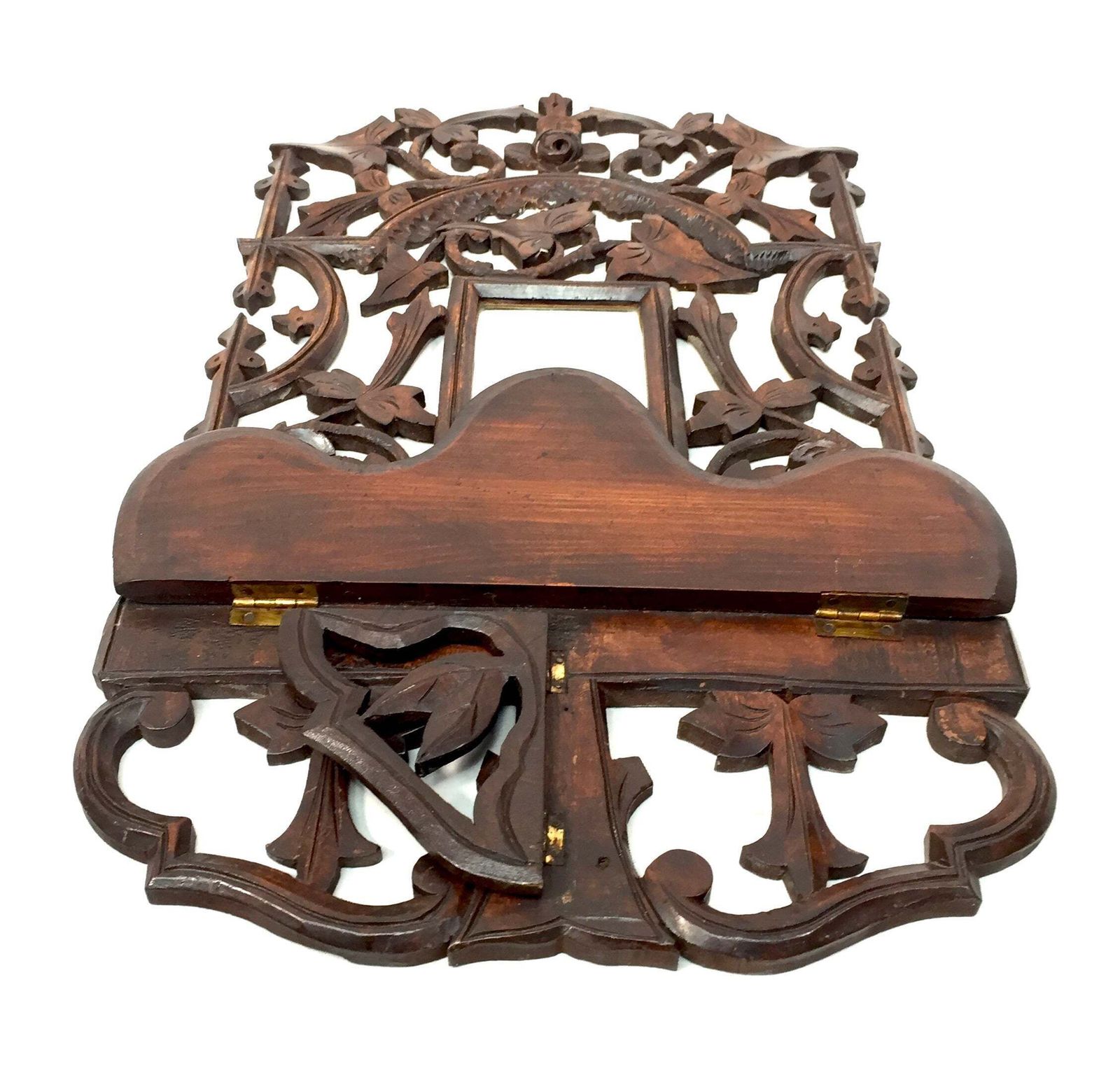 photo vinterior Antique Wall Hanging Carved Black Forest Folding Shelf Mirror Art Nouveau C.1900
