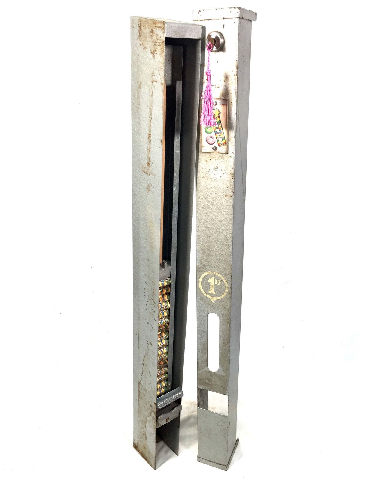 Antique Advertising   Old Penny Operated Metal Sweet Vending Machine Working Key photo vintage