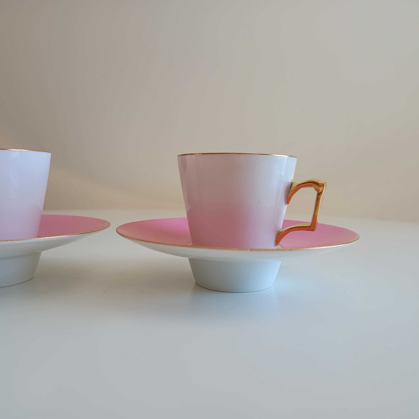 Vintage Trembleuse Tea Cups & Saucers: Rose Pompadour Pink Pair, Square Gilt Handles photo buy