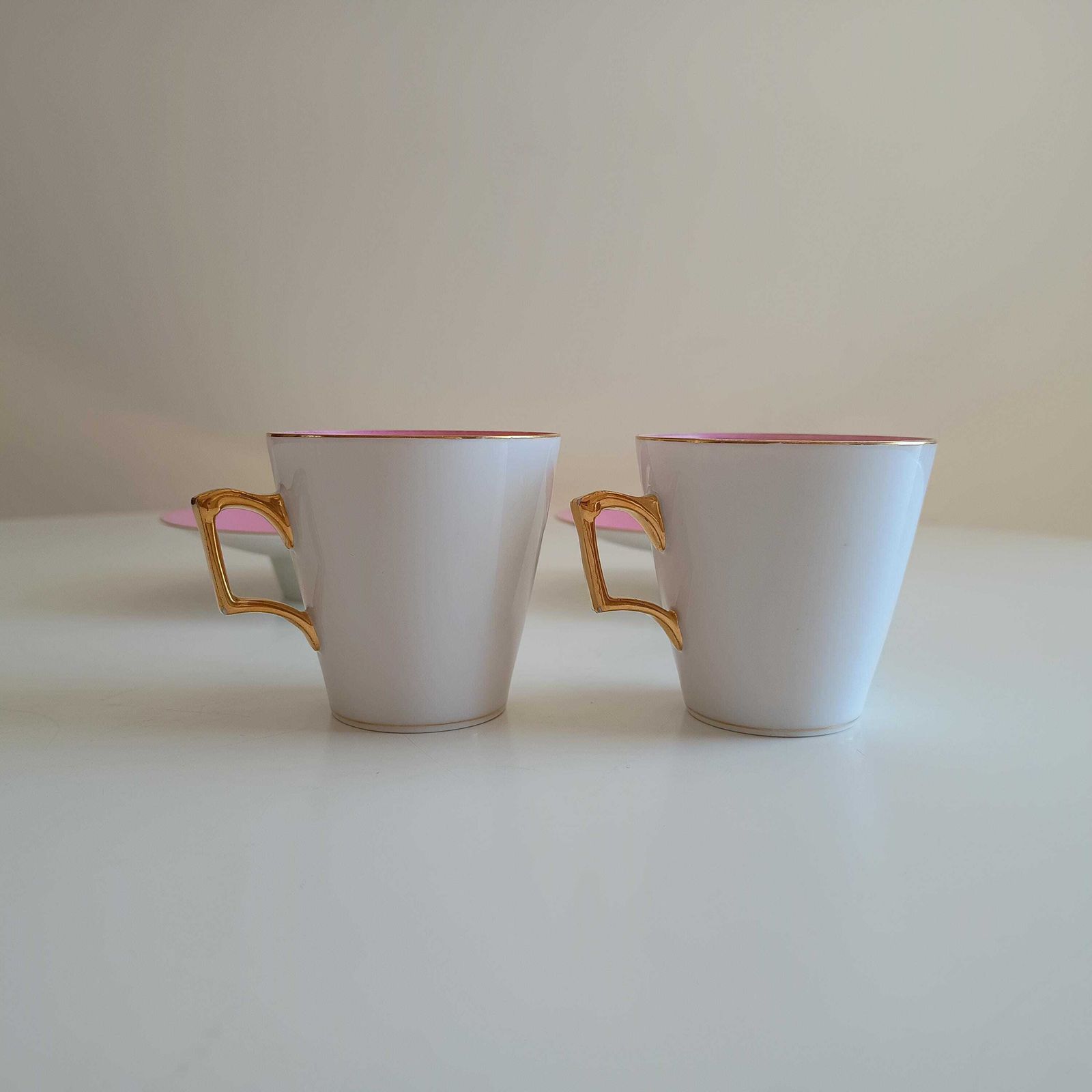 Vintage Trembleuse Tea Cups & Saucers: Rose Pompadour Pink Pair, Square Gilt Handles photo vintage