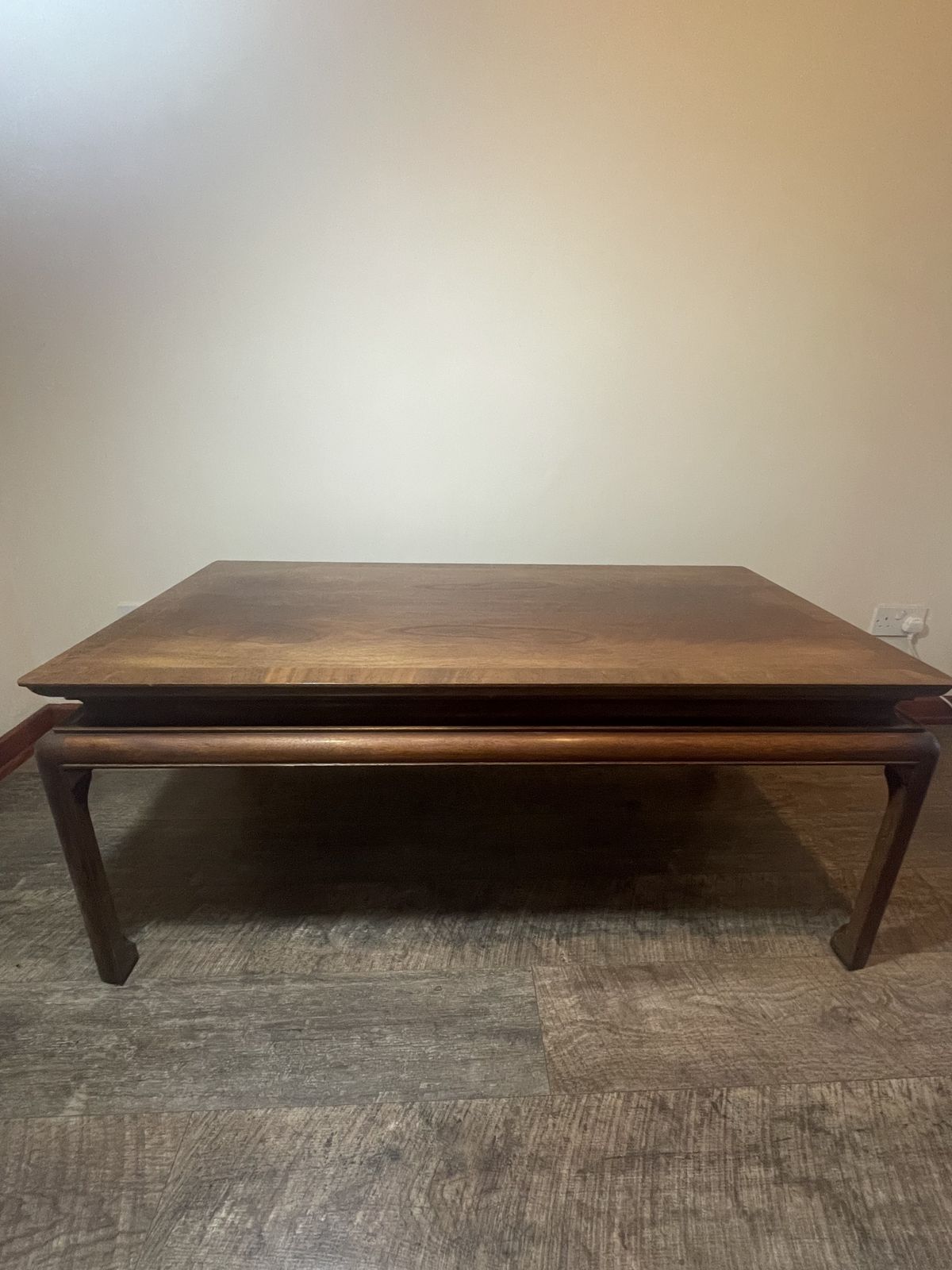 photo furniture Vintage Mid Century Solid Oak & Wood Veneer Coffee Table — Chinese Chippendale Style Legs