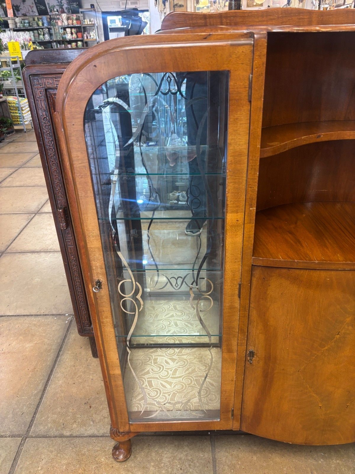 1950's Walnut Veneered Art Deco Style Side By Side Display Cabinet As Found photo furniture
