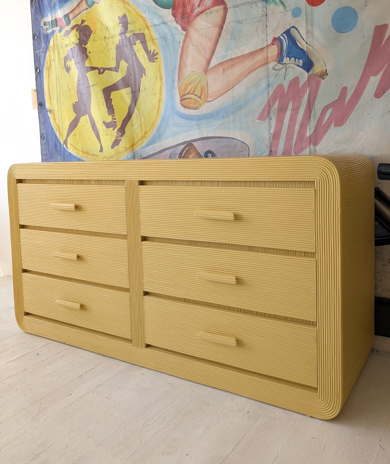 Vintage American Butter Yellow Pencil Reed Sideboard With Drawers / Dresser, 1970s