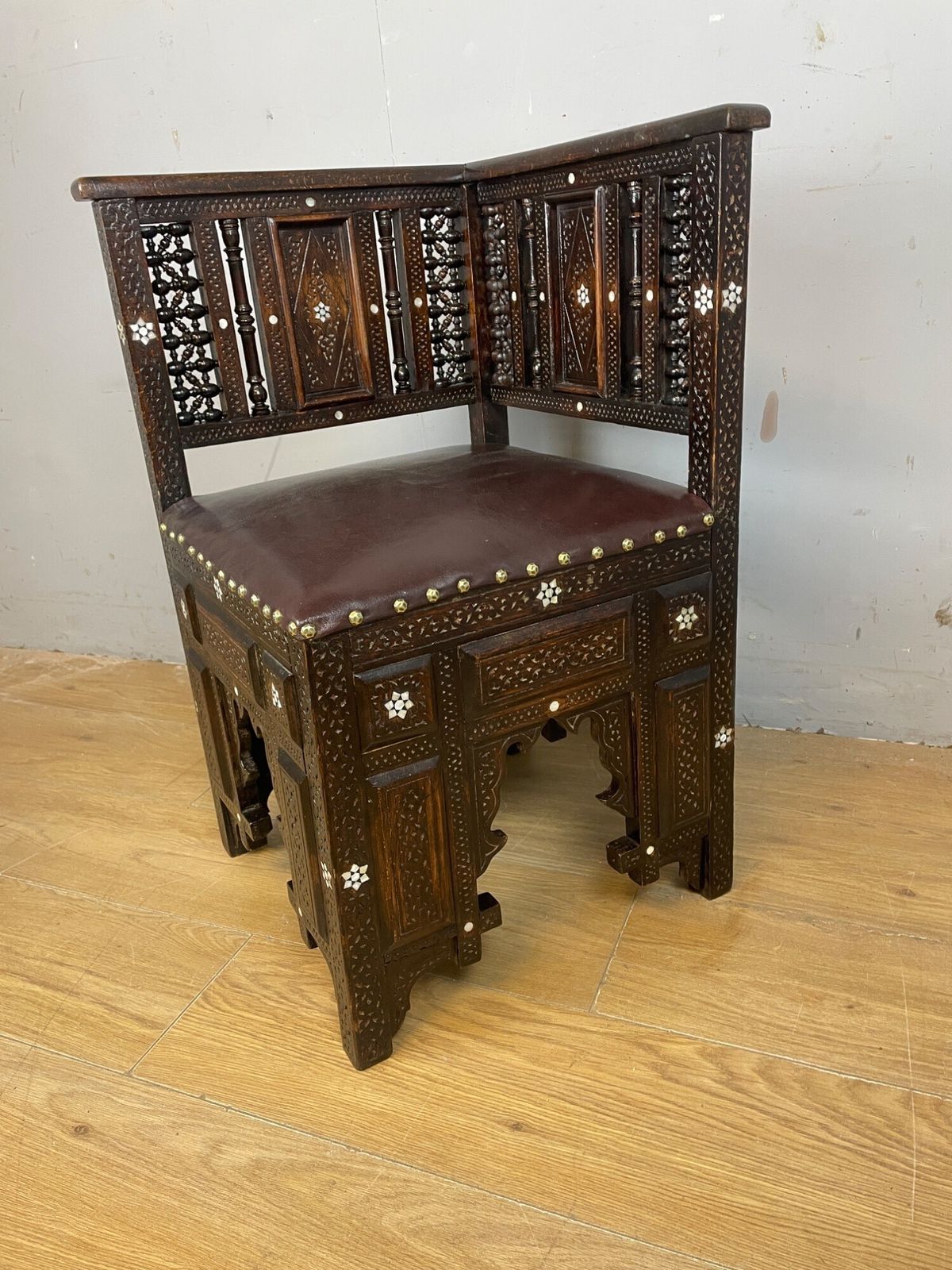 C19th Inlaid Carved Corner Chair With Mashrabiya Panels Attributed To Liberty And Co photo Furniture