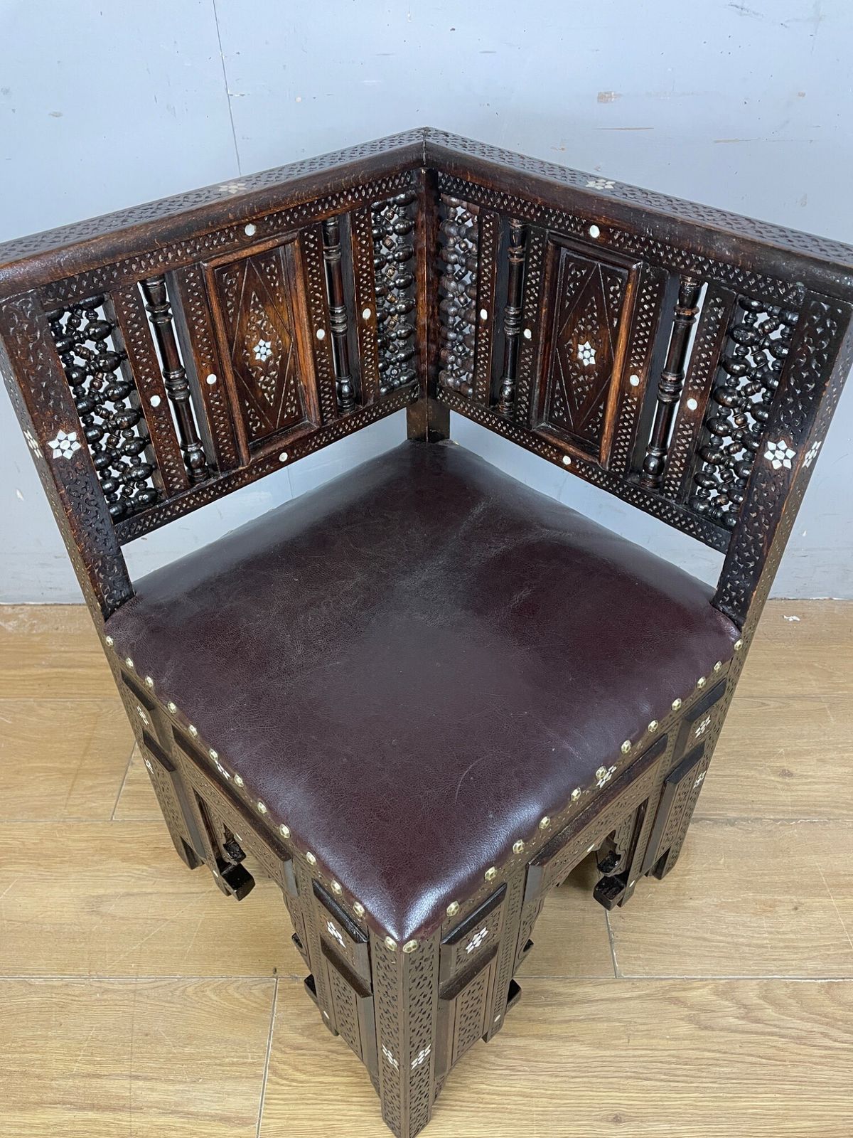 C19th Inlaid Carved Corner Chair With Mashrabiya Panels Attributed To Liberty And Co photo buy