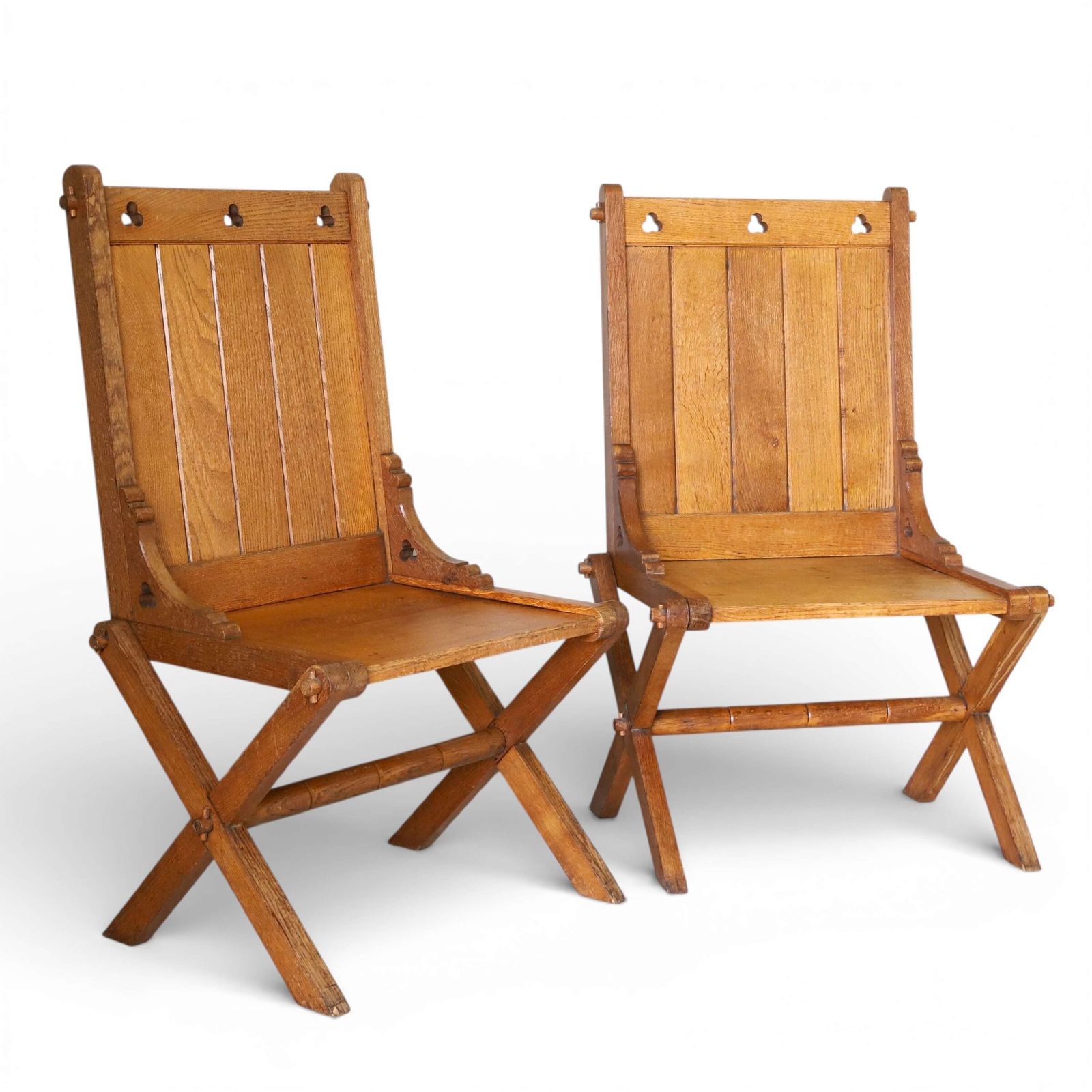 Pair Of Oak Gothic Revival Glastonbury Chairs With Trefoil Details, Early 1900s