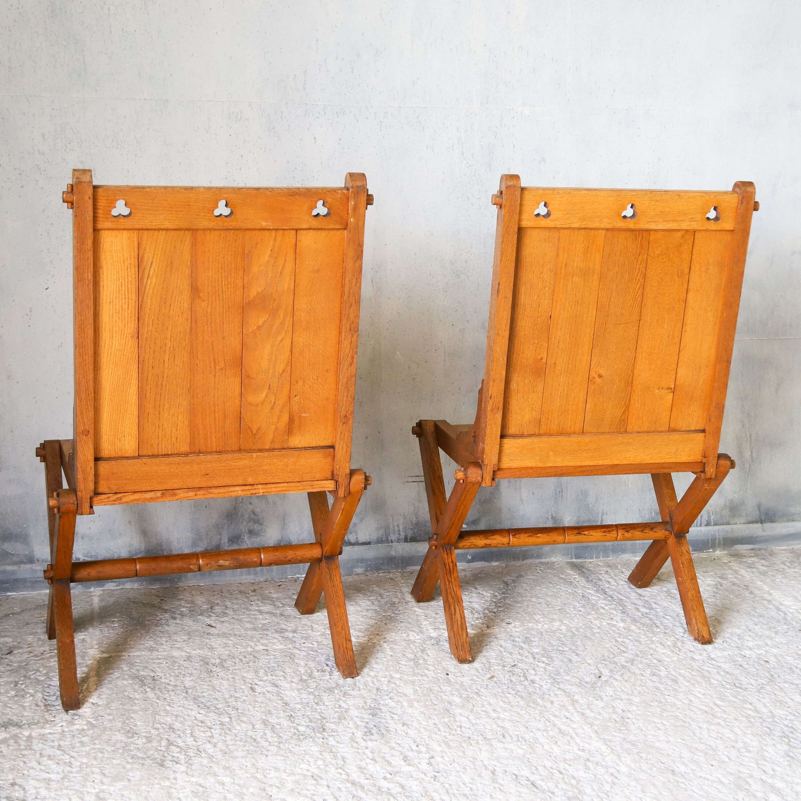 1050.0 Pair Of Oak Gothic Revival Glastonbury Chairs With Trefoil Details, Early 1900s photo