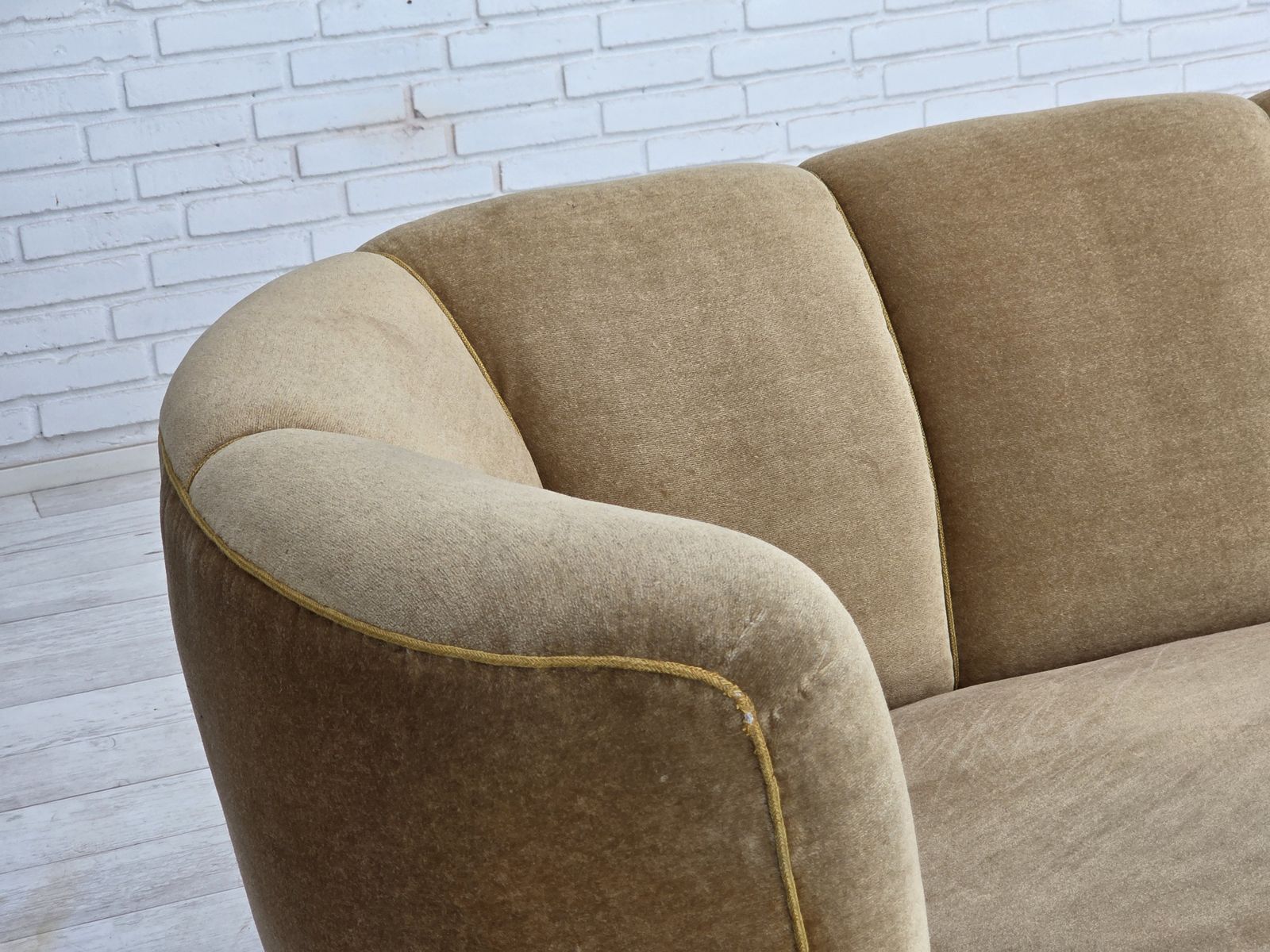 1960s, Danish "Banana" 2 Seater Sofa, Green Furniture Velour, Oak Wood. photo Furniture
